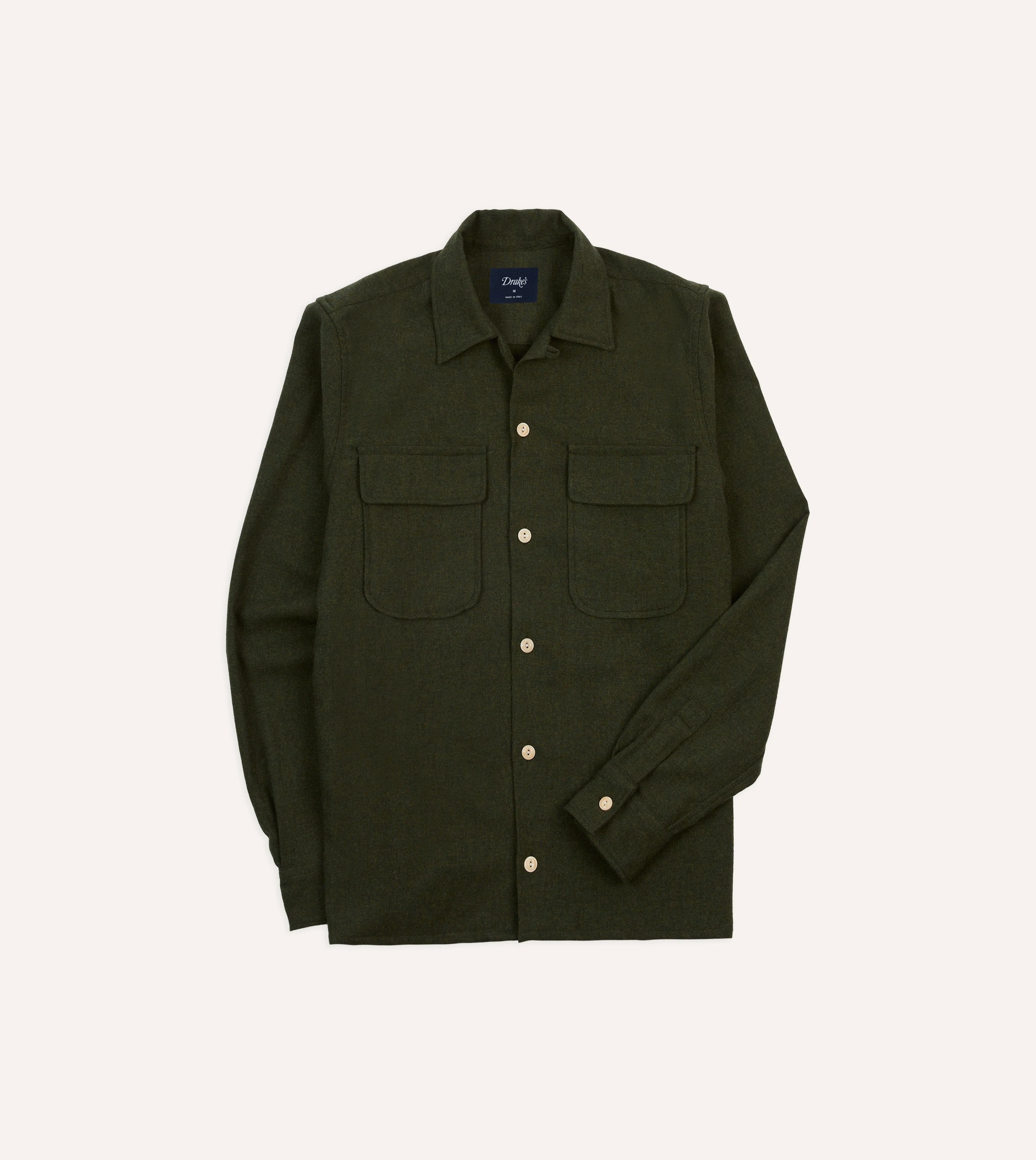 Dark Green Wool Two-Pocket Camp Collar Work Shirt - 1
