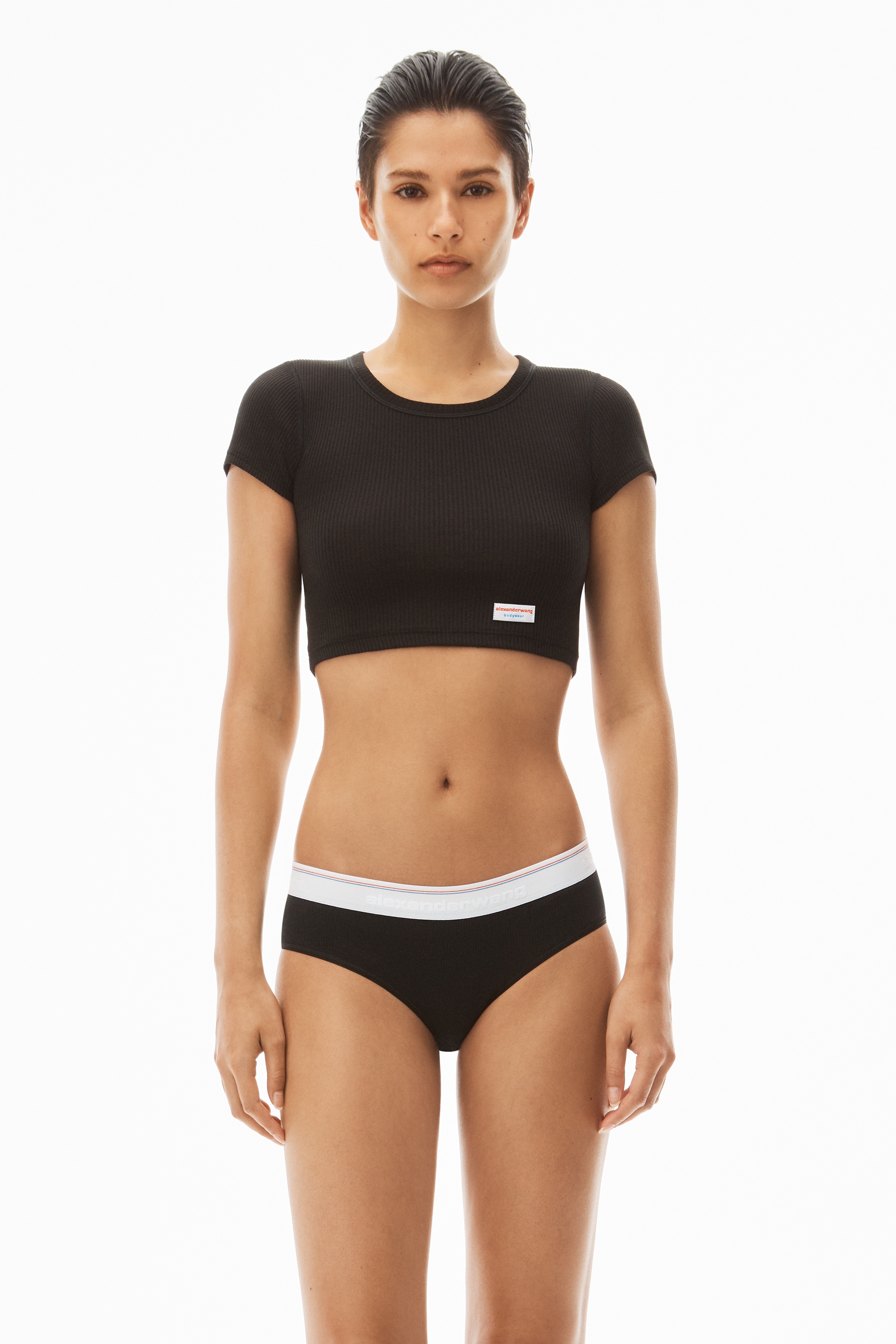 Cropped Short-Sleeve Tee in Ribbed Cotton Jersey - 2