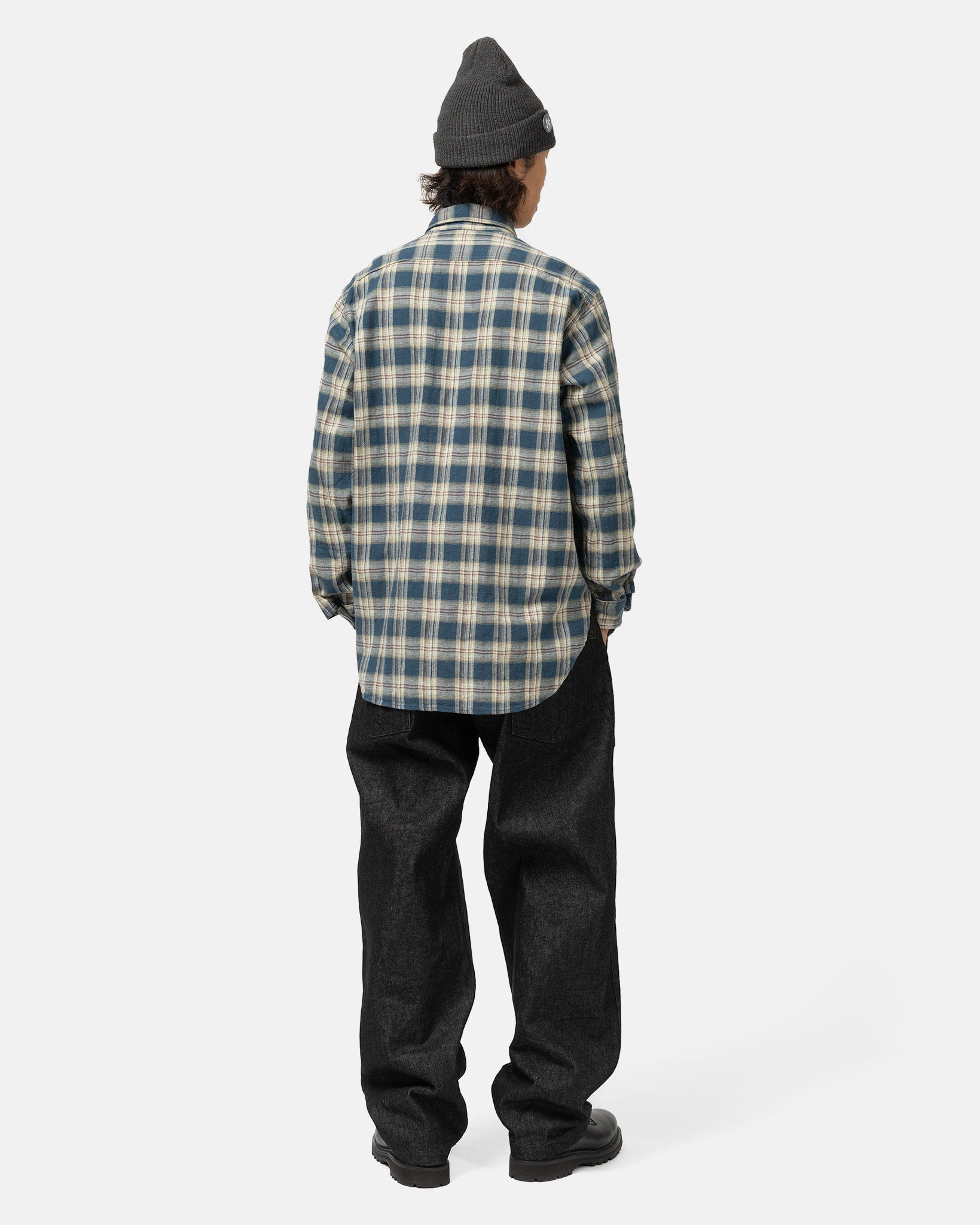Cotton Plaid Jacquard Work Shirt Navy - 3