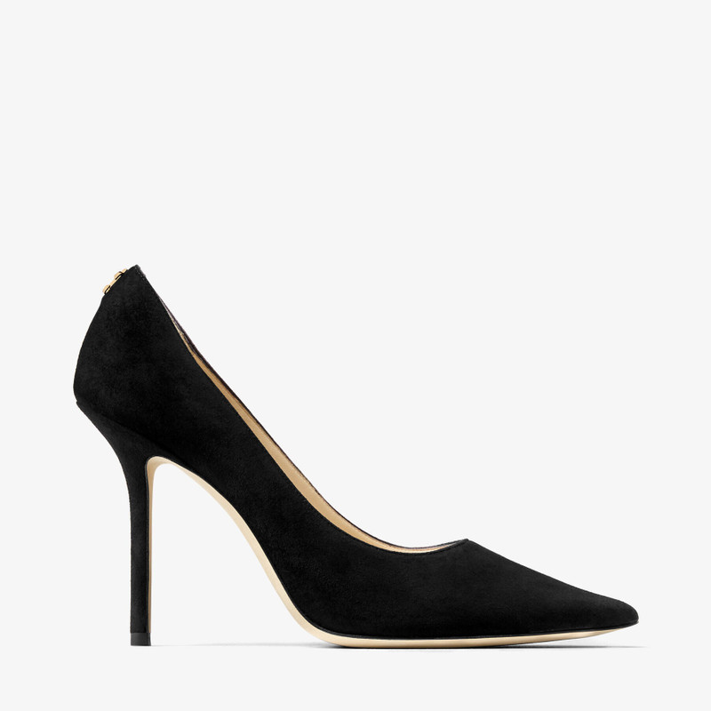 Love 100 Black Suede Pointy Toe Pumps with Jimmy Choo Button - 1
