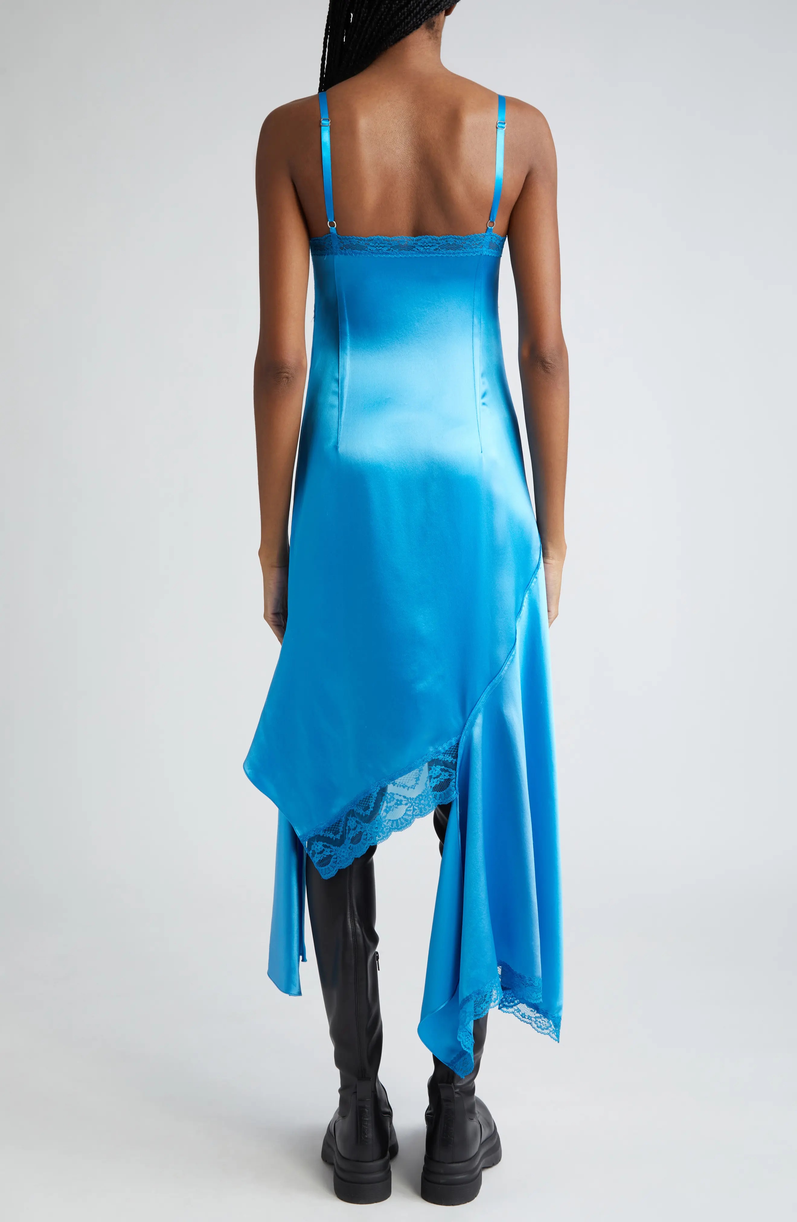 Lace Trim Asymmetric Silk Satin Midi Dress - 2