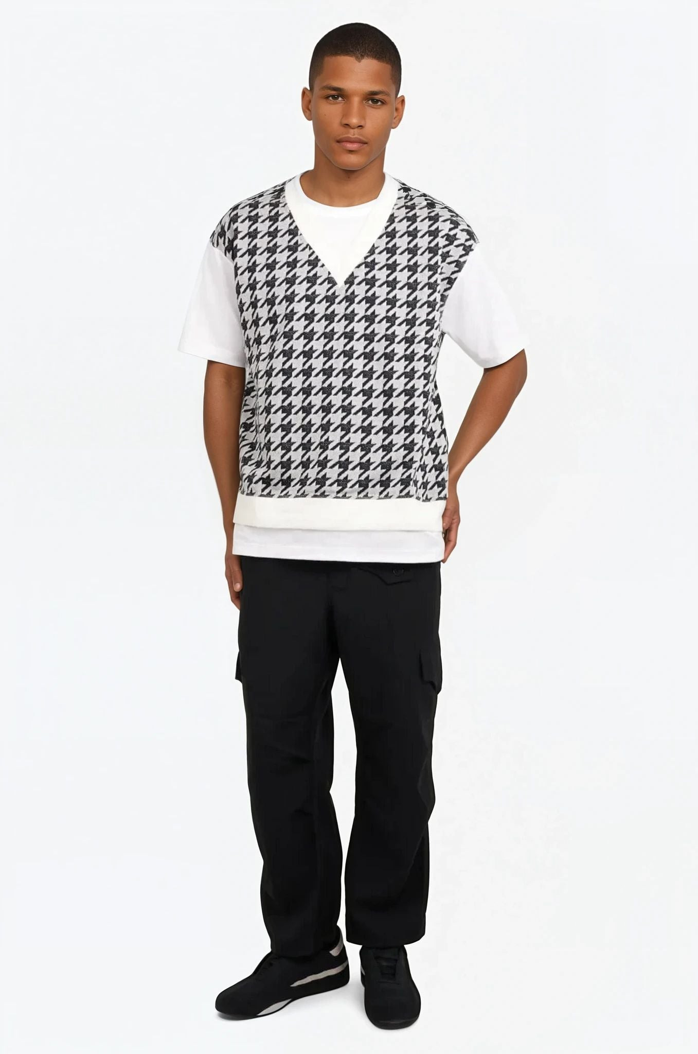 LAYERED T-SHIRT/HOUNDSTOOTH KNIT S/S T-SHIRT | WHITE/BLACK - 3