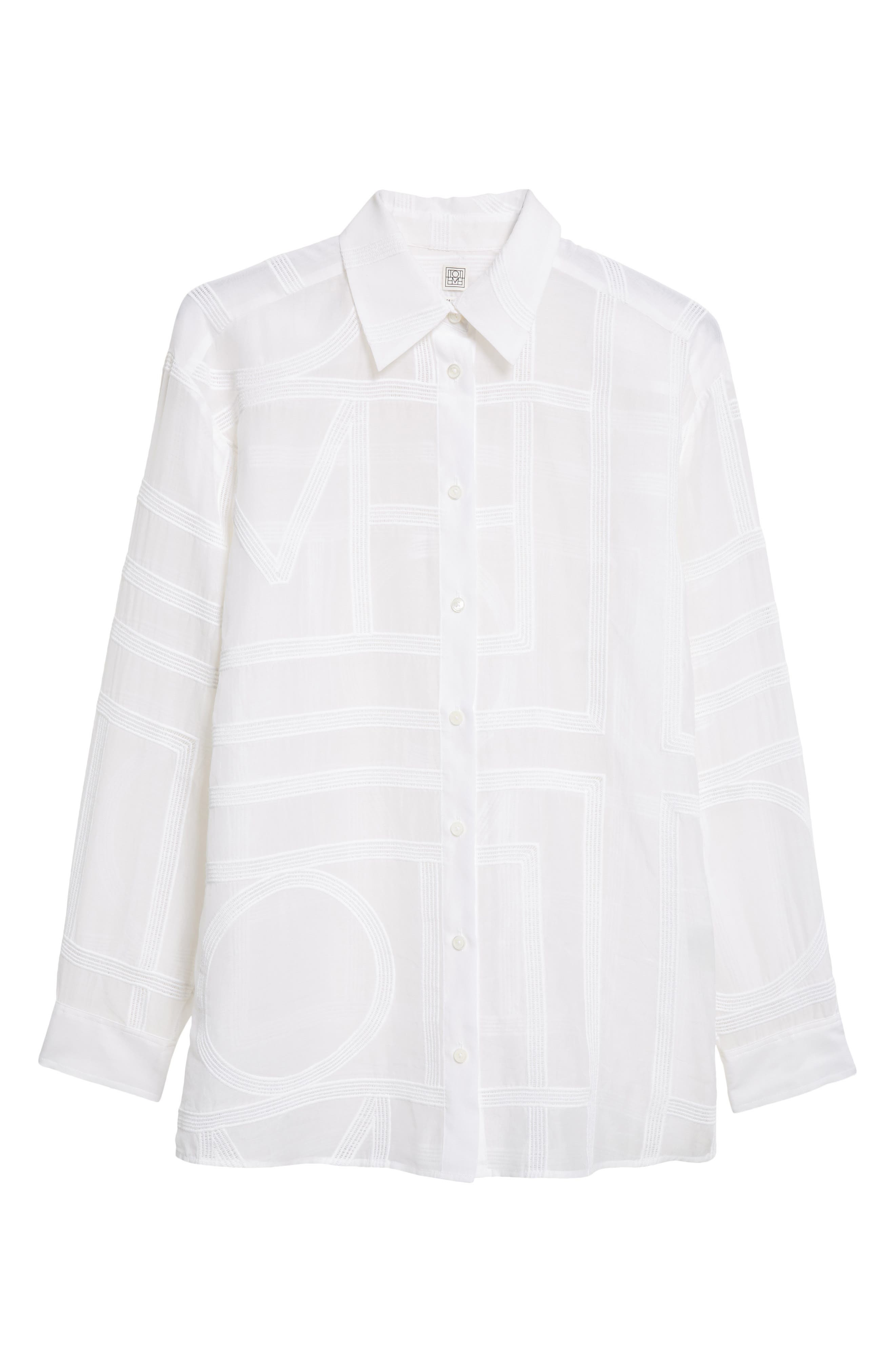 TOTEME Embroidered Organic Cotton & Silk Monogram Oversize Button-Up Shirt in White at Nordstrom - 6