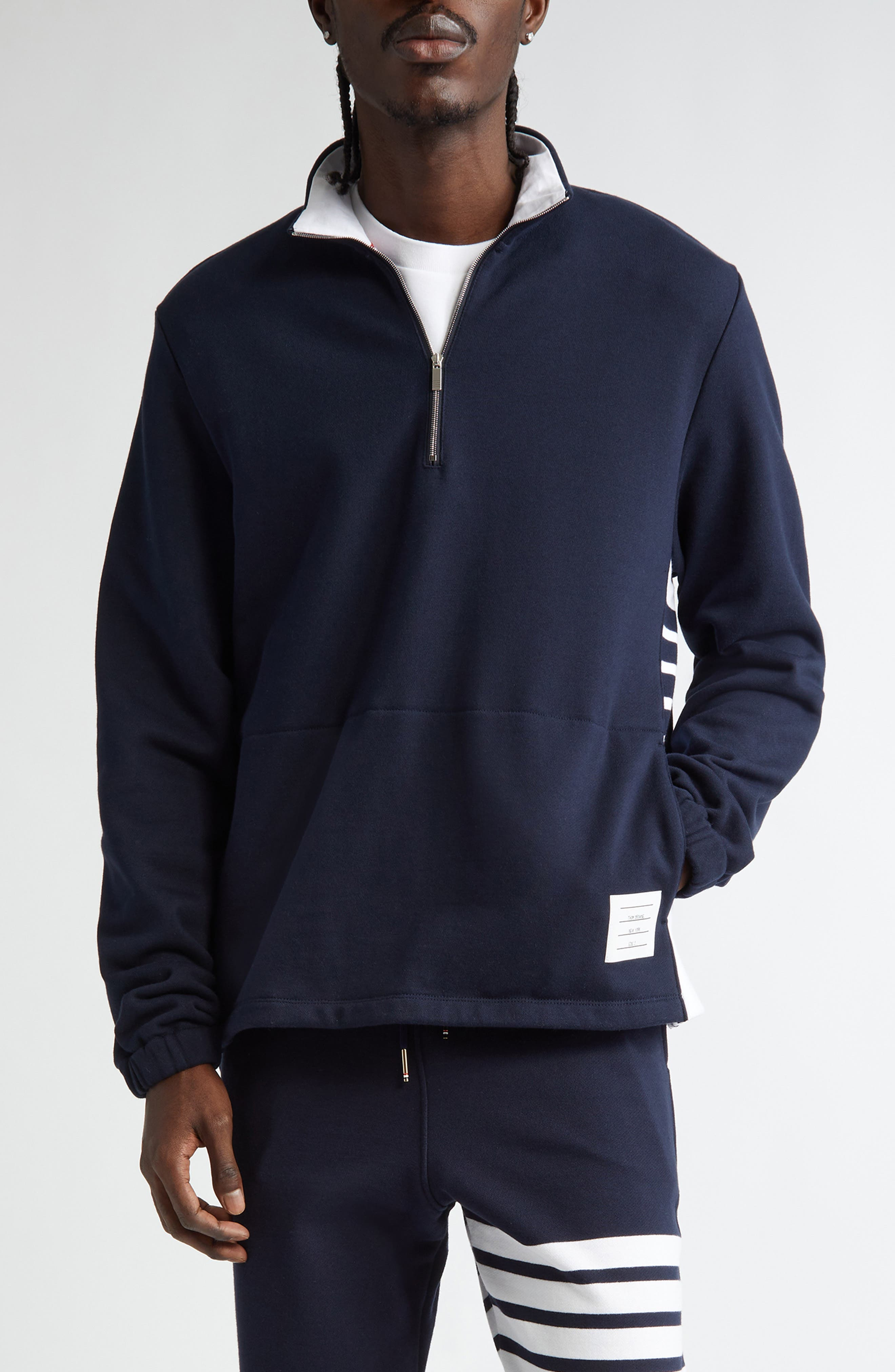 Thom Browne 4-Bar Stripe Funnel Neck Half Zip Sweatshirt in Navy at Nordstrom - 1