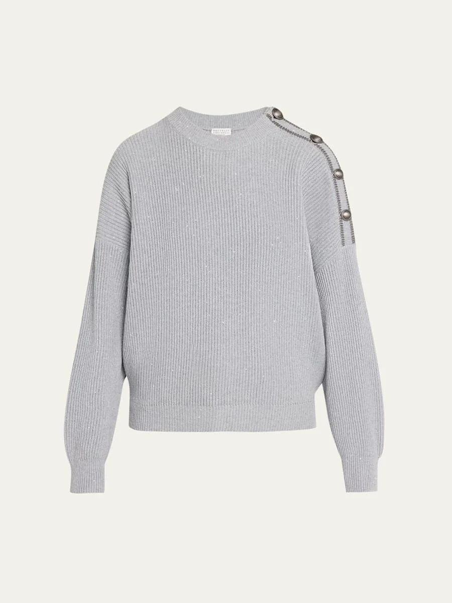 Sporty Button-Shoulder Cotton Diamante Crewneck Sweater - 1