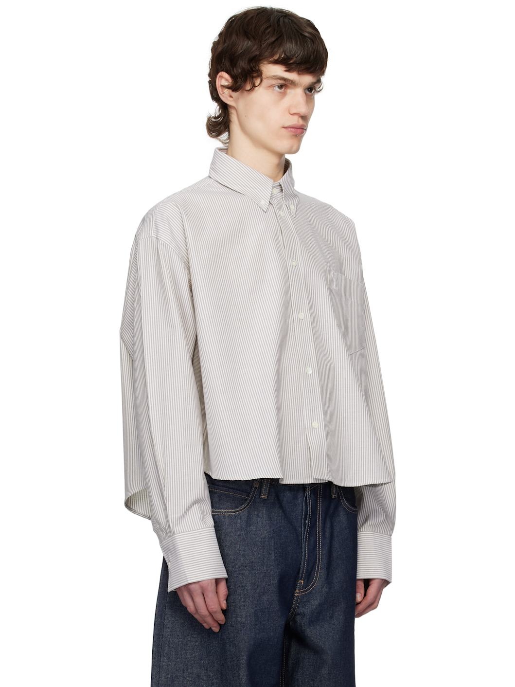 Off-White & Khaki Cotton Cropped Oversized Shirt - 2