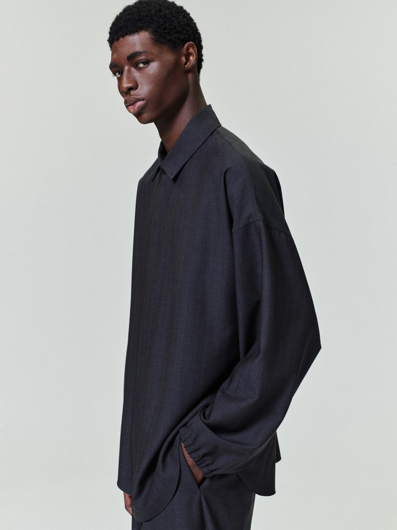 Grey Striped Wool Elastic Cuff Shirt 1