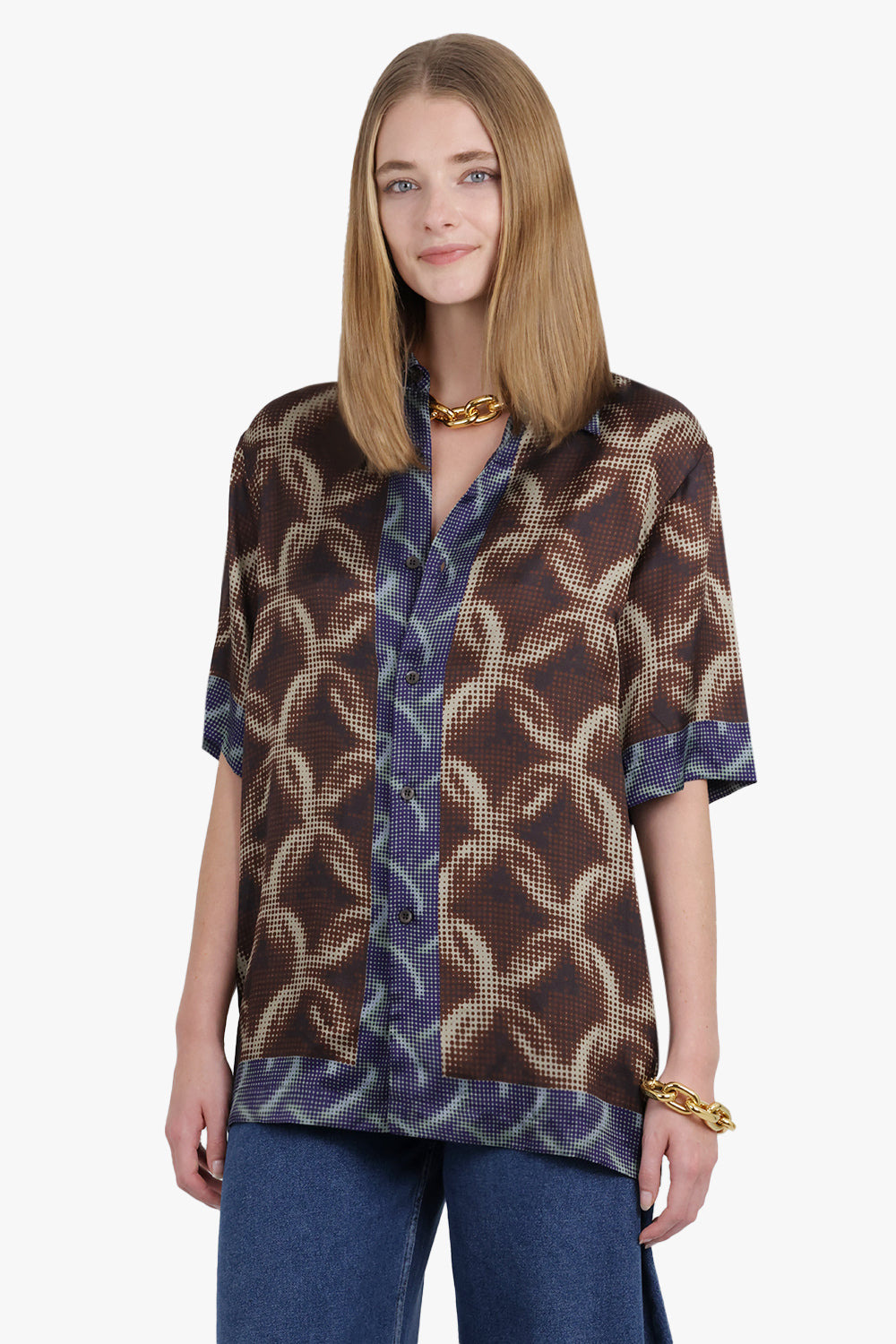 CONTRAST PIXEL GRAPHIC PRINT S/S SHIRT | BROWN/BLUE - 7