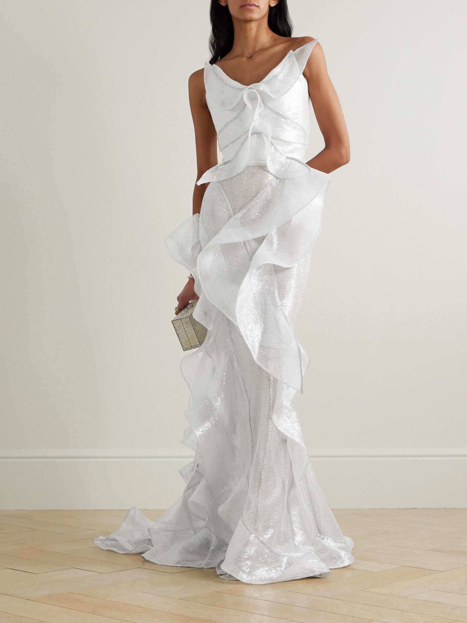 Refraction strapless ruffled sequined mesh gown Off-white - 2