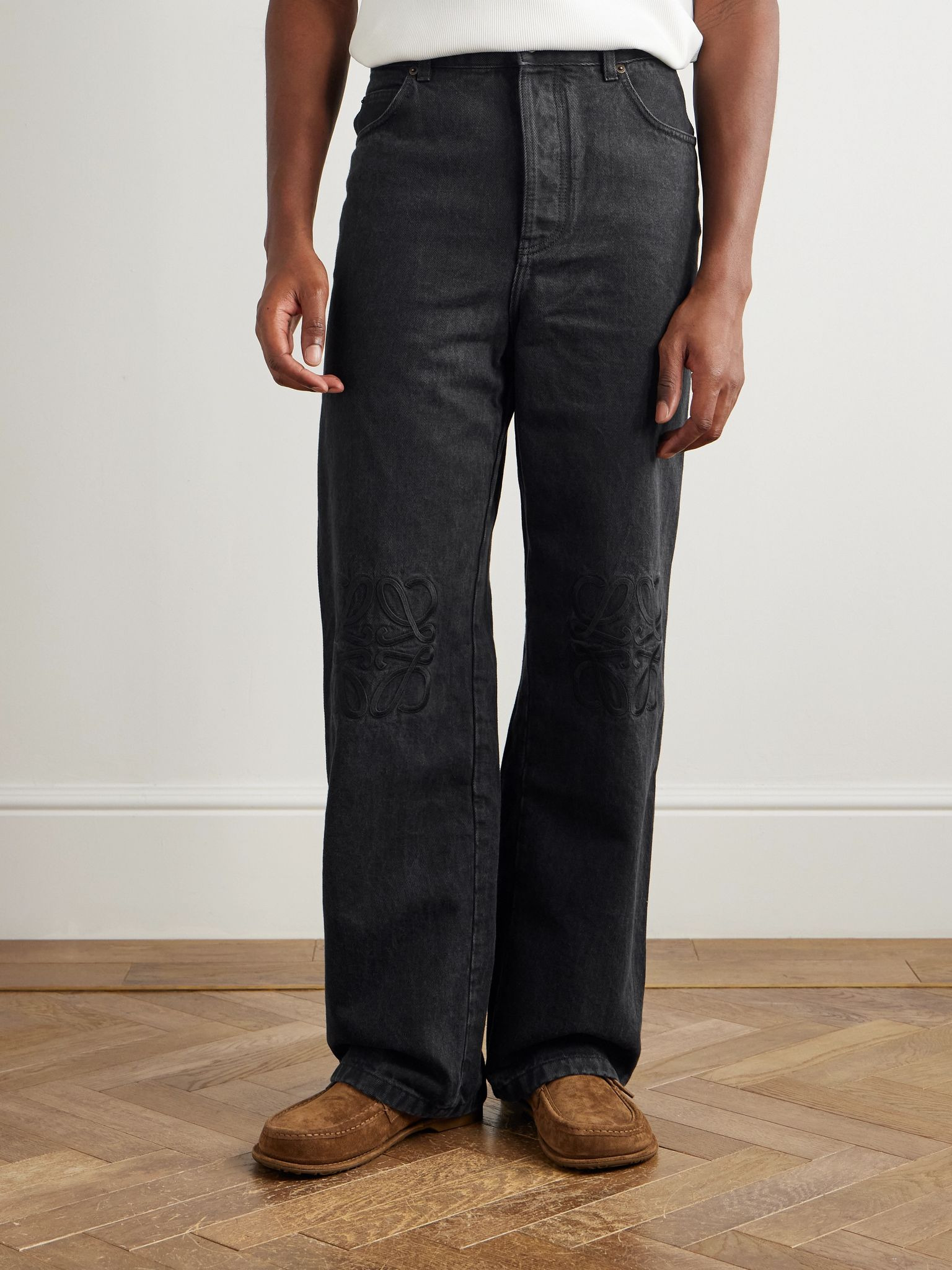 Wide-Leg Logo-Embroidered Jeans Black - 3