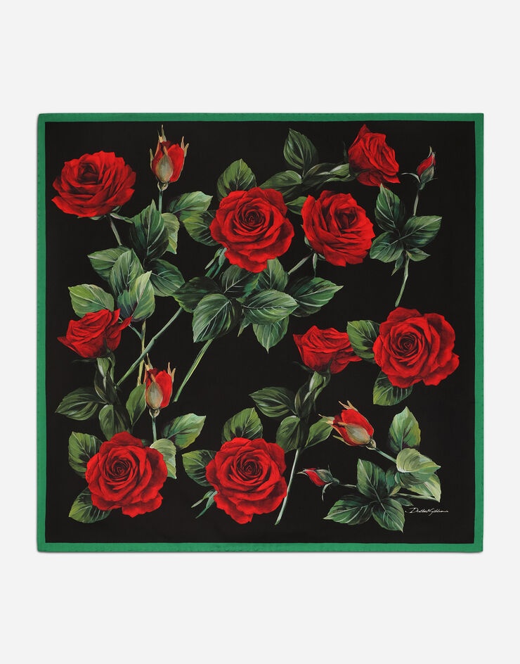 Twill scarf with red rose print (70 x 70) - 1