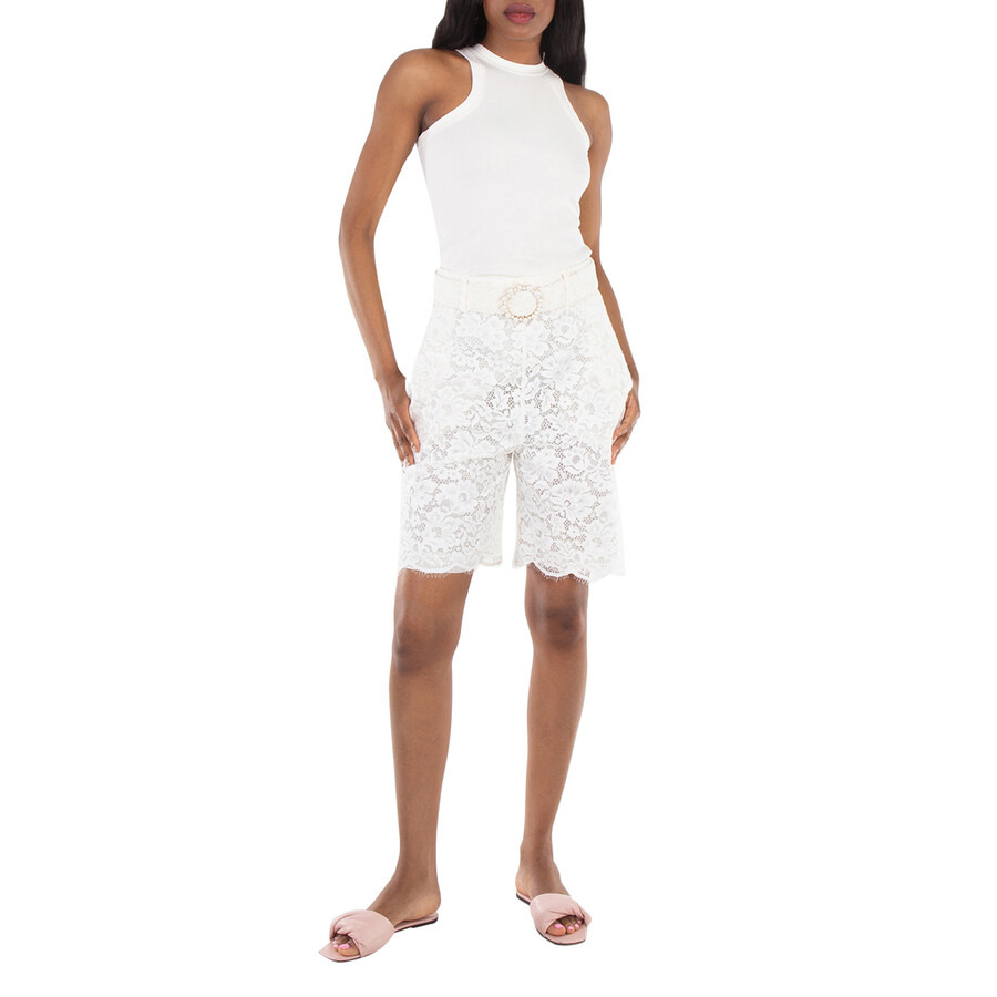 Zimmermann Ladies Ivory Belted Lace Knee-Length Shorts - 6