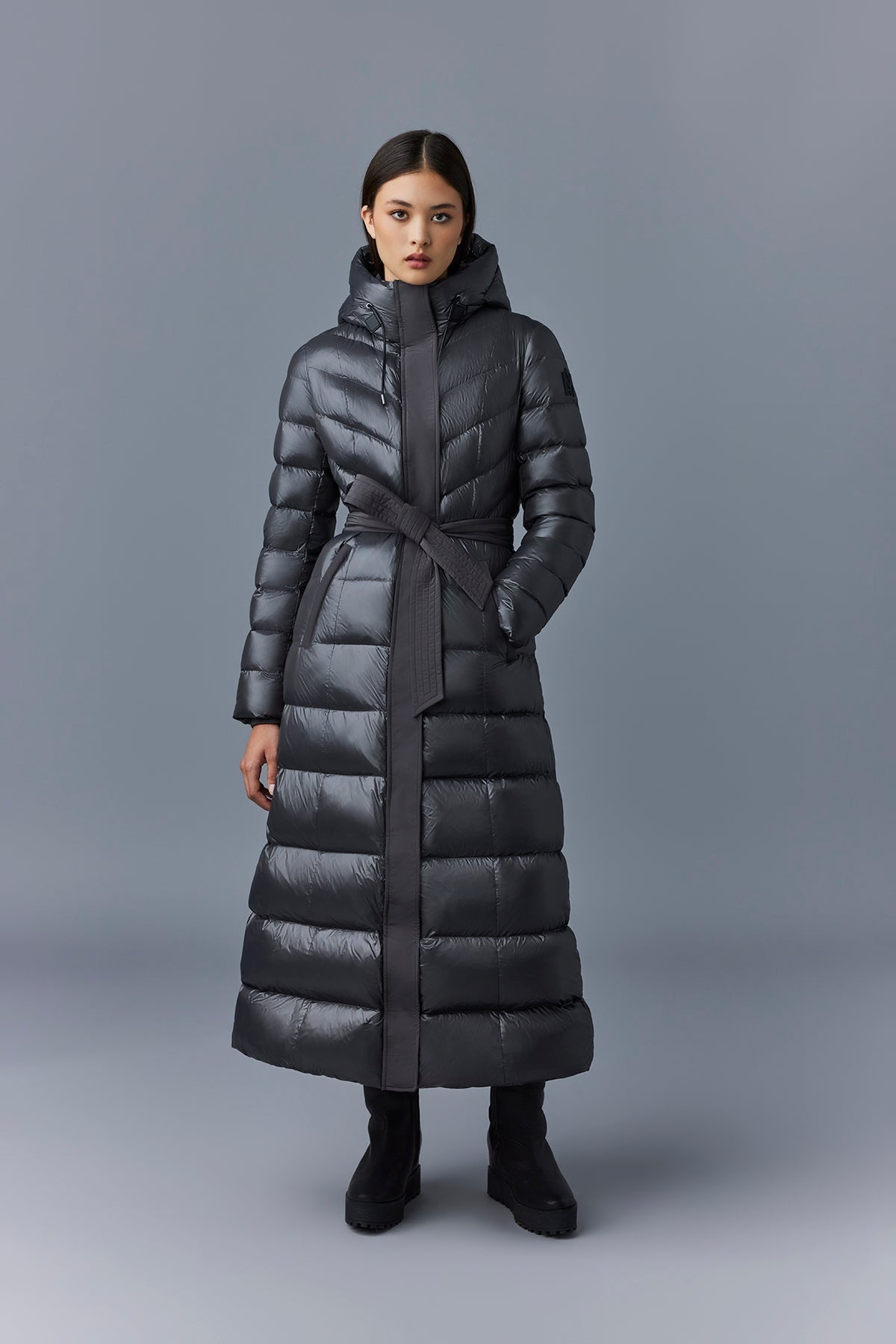 Calla, Agile-360 stretch light down coat with blue fox fur collar