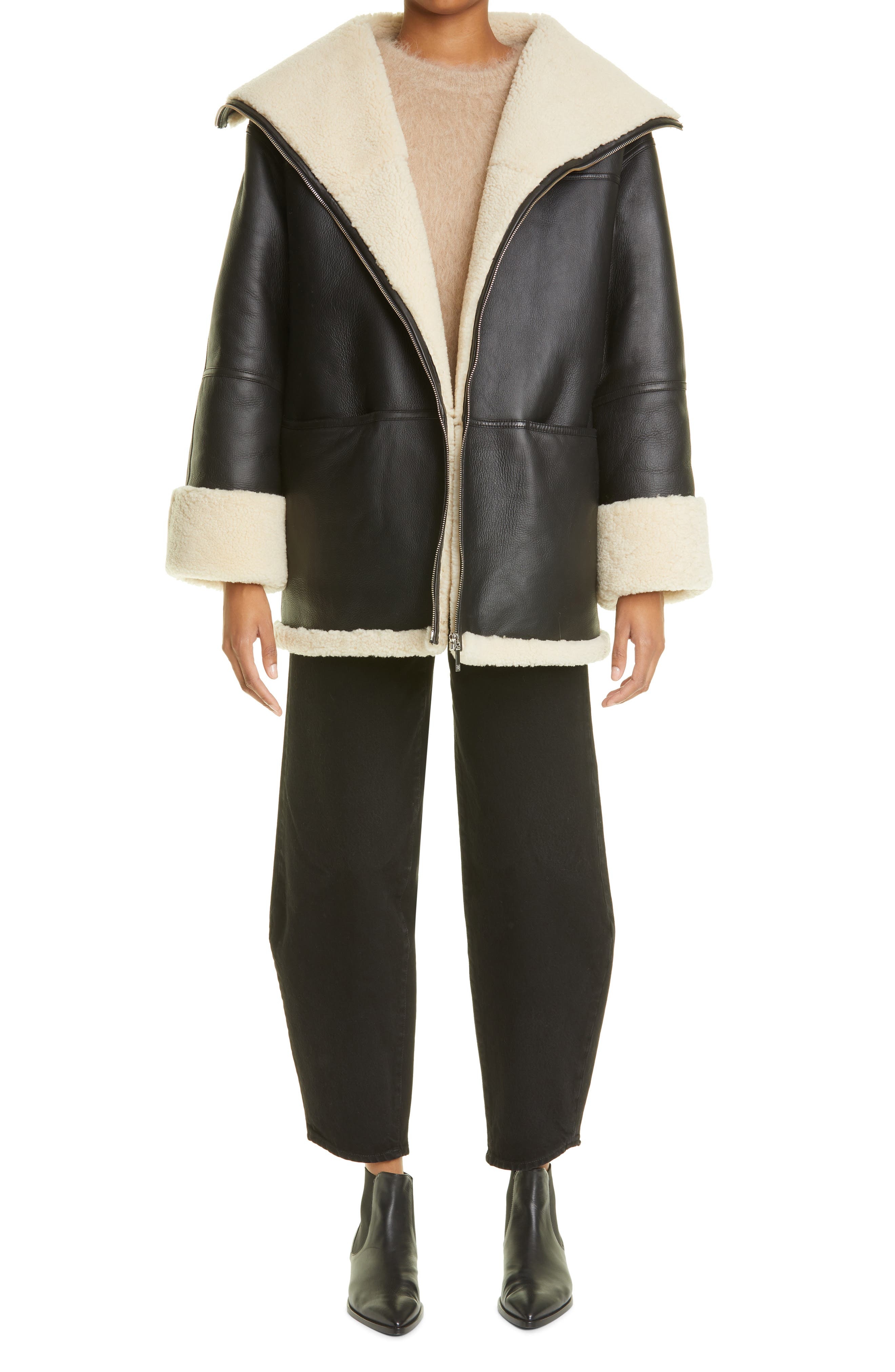TOTEME Menfi Oversize Genuine Shearling Coat in Black/off-White at Nordstrom - 7