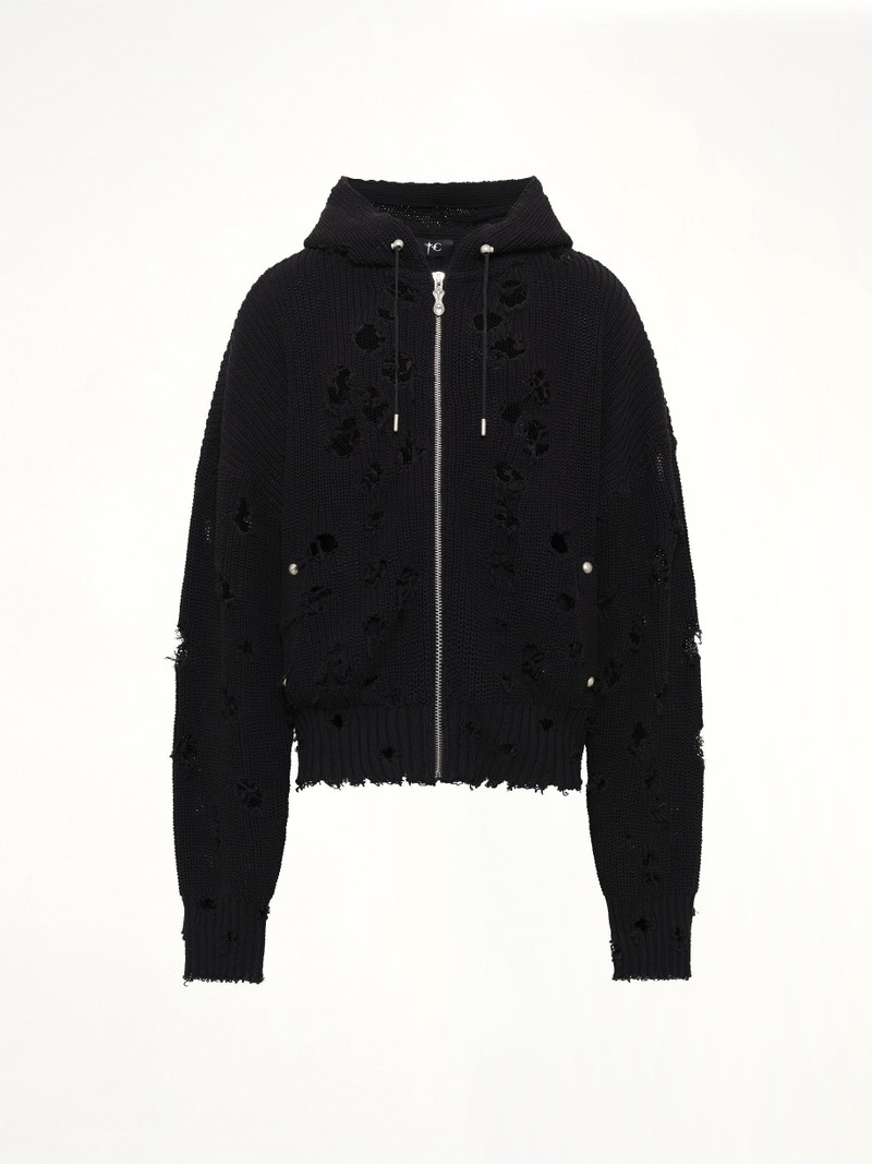 Thug Club TC Destroyed Knit Zip-Up Hoodie in Black outlook