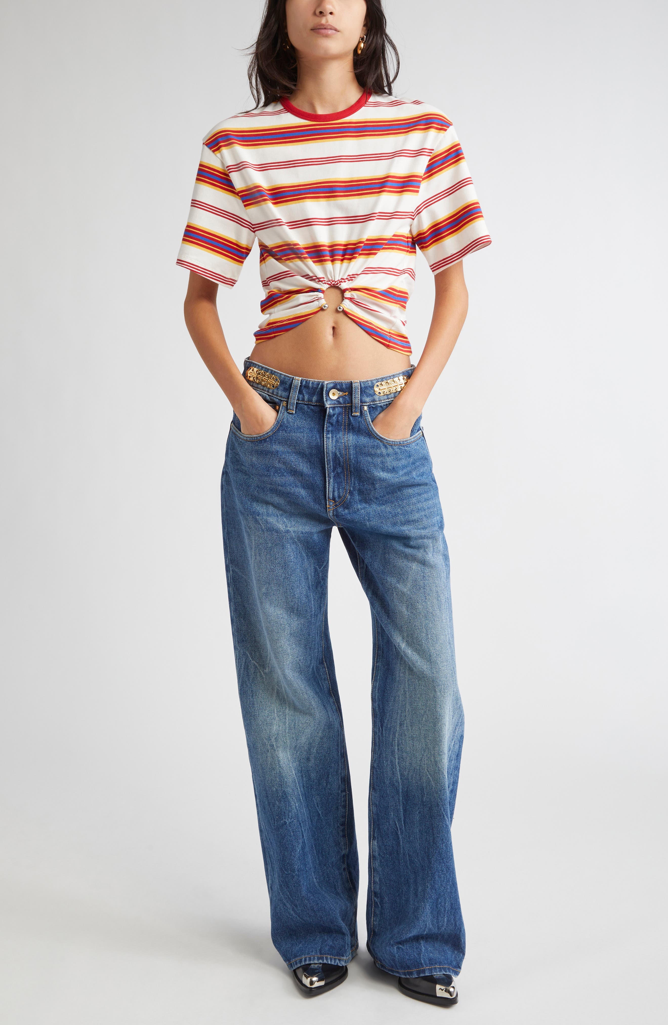 Rabanne Stripe Piercing Ring Crop T-Shirt in Stripes Cream /Orange / at Nordstrom - 2