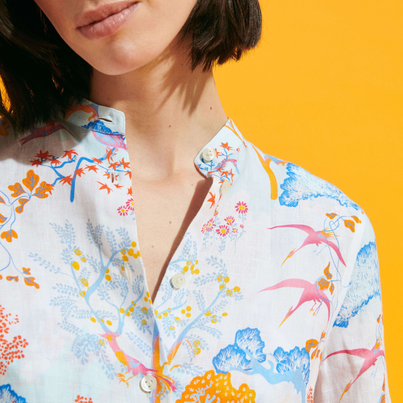 Women Linen Shirt Dress Peaceful Trees 5