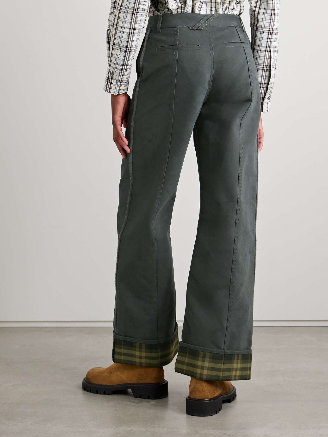 Checked twill-trimmed brushed cotton-blend wide-leg pants - 4