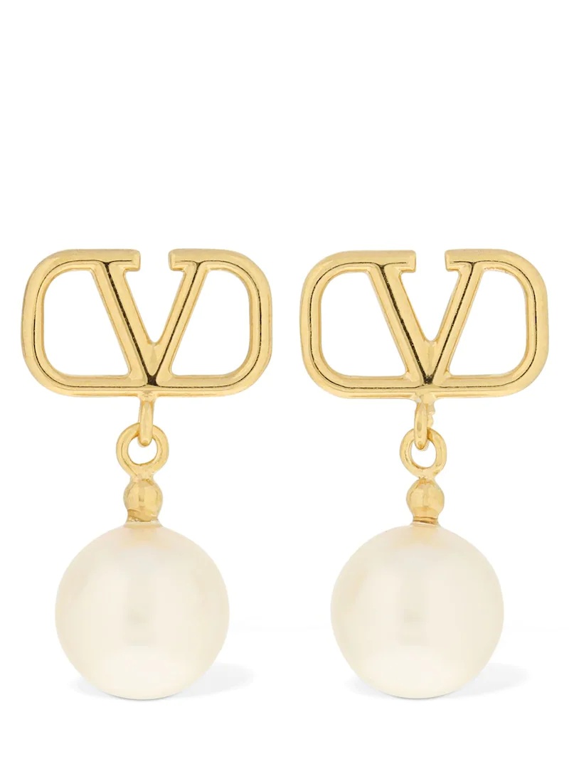 V LOGO & FAUX PEARL DROP EARRINGS - 1