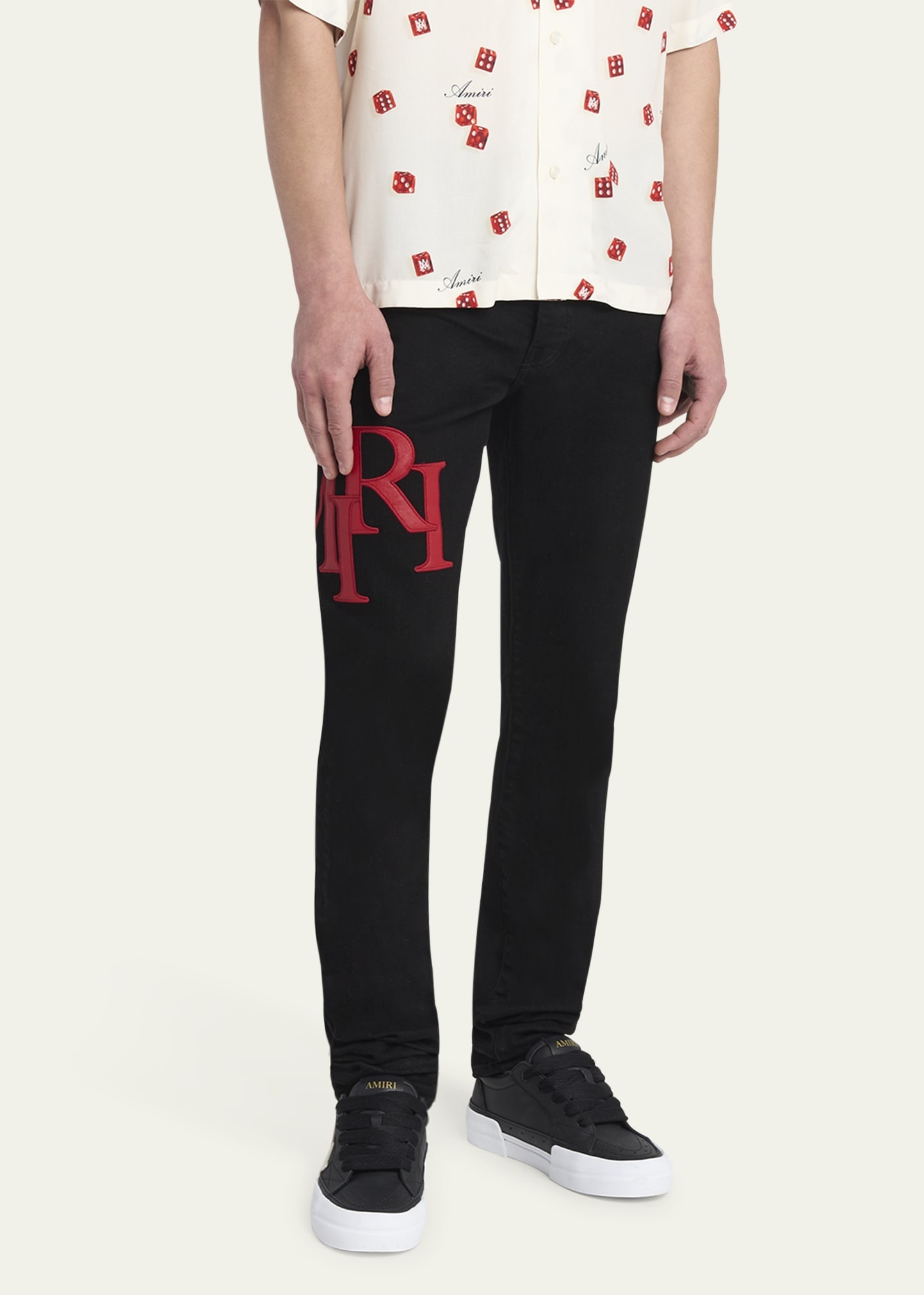 Men's Staggered Leather Logo Skinny Jeans - 4