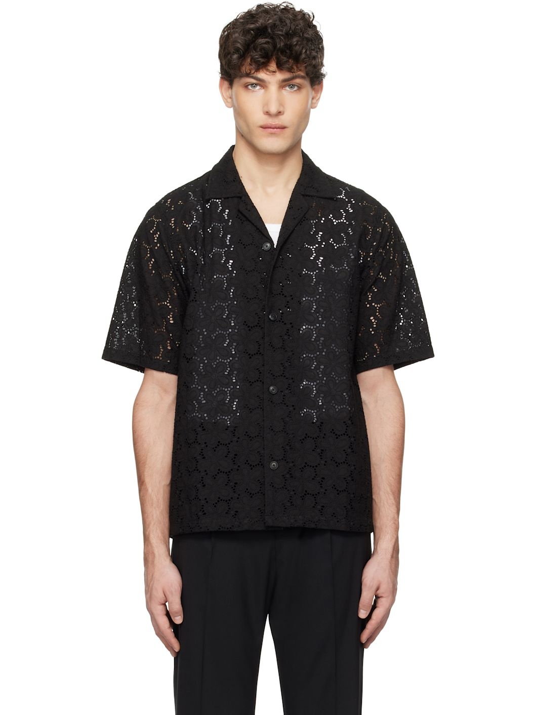 Black Crocheted Cotton Lace Shirt - 1