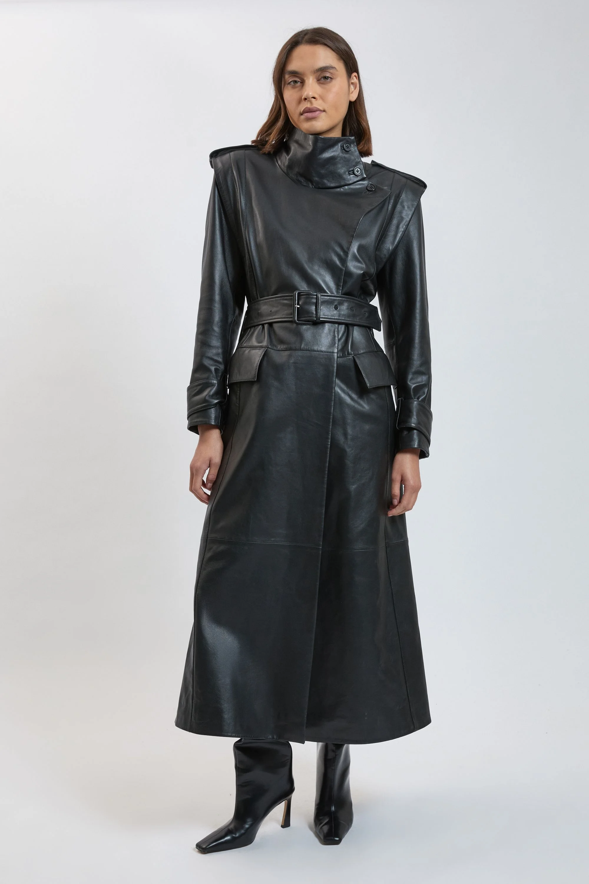 Harper's Bazaar Leather High Neck Trench Coat - 1