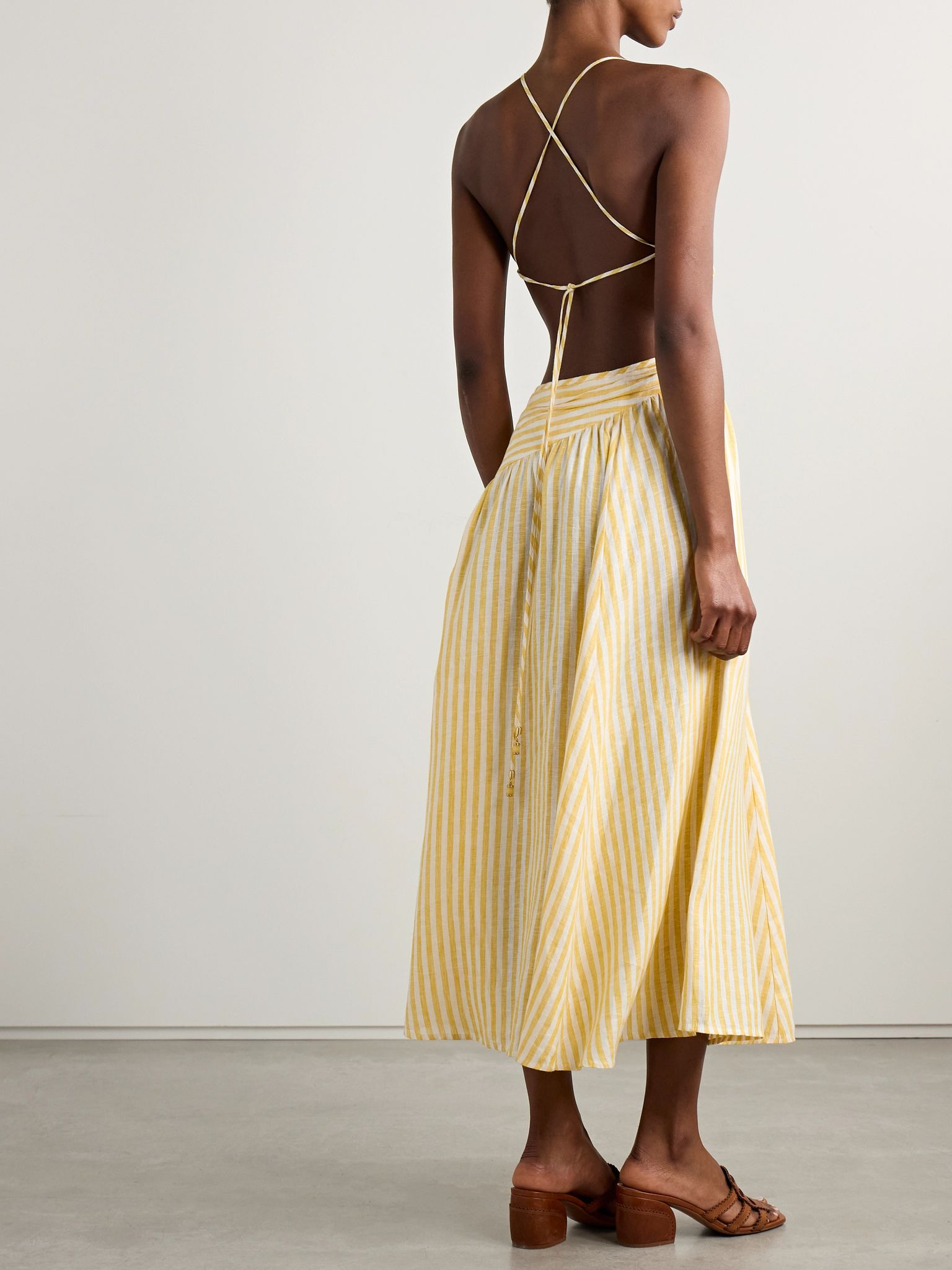 Cascadian cutout ruched striped linen midi dress Marigold - 3