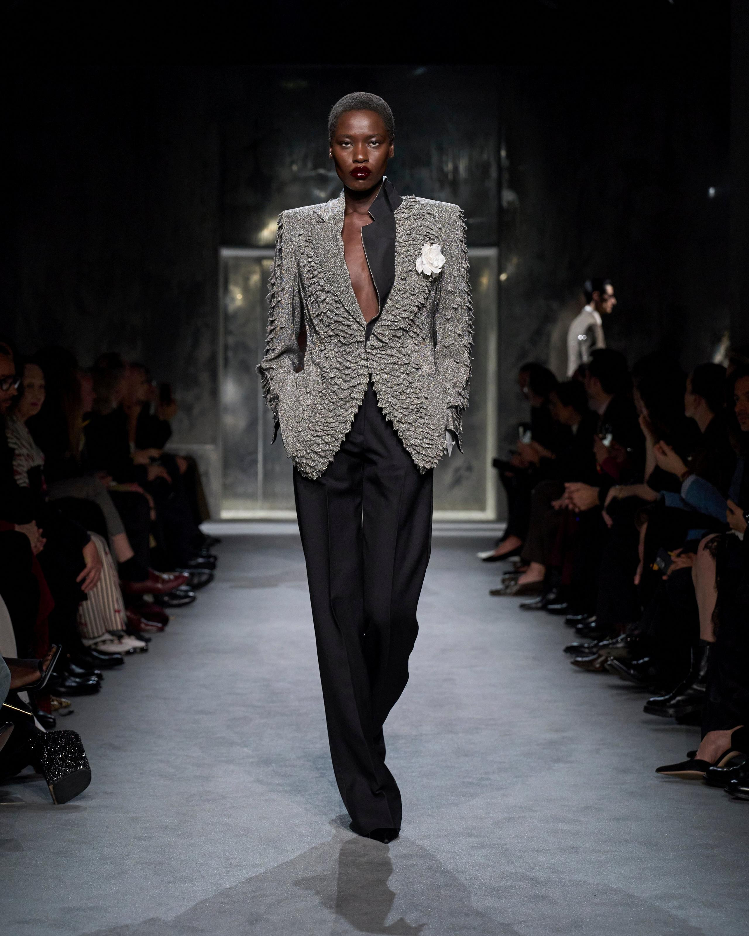 WOOL SILK BLEND HIGH-WAISTED TUXEDO PANTS - 6
