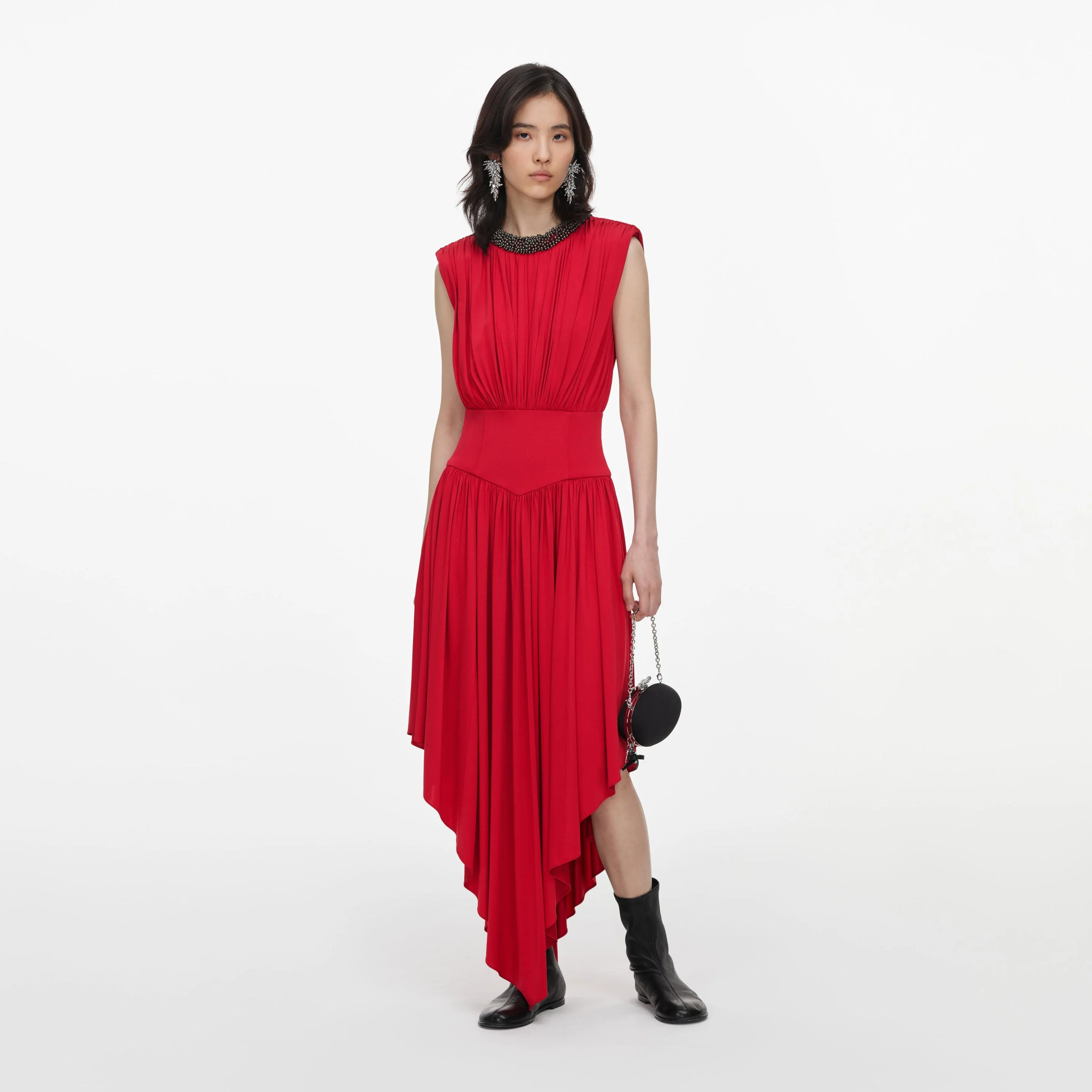 Red Jersey Drape Asymmetric Midi Dress - 1