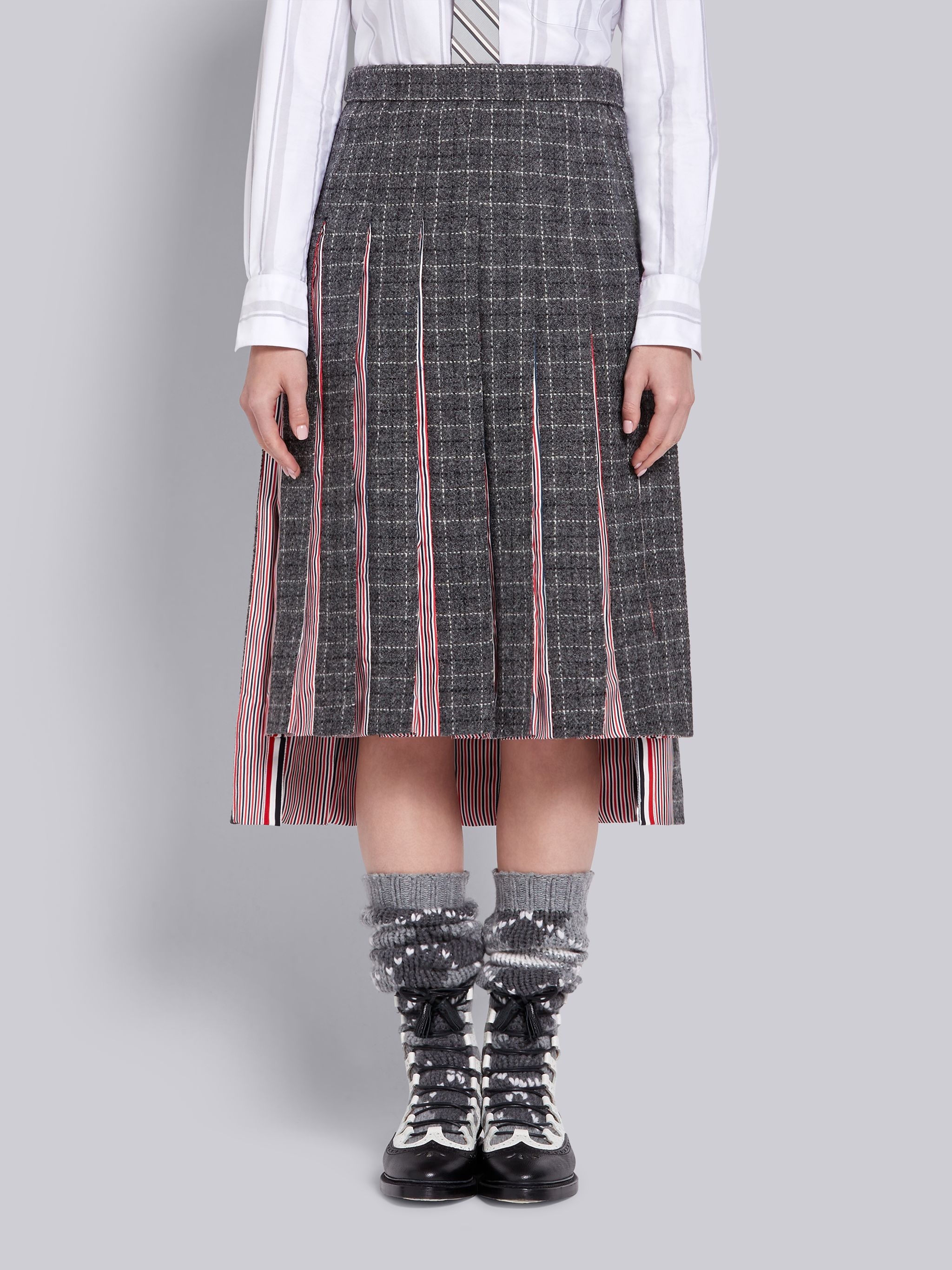 Dark Grey Wool Tattersall Check Below the Knee Pleated Skirt - 1