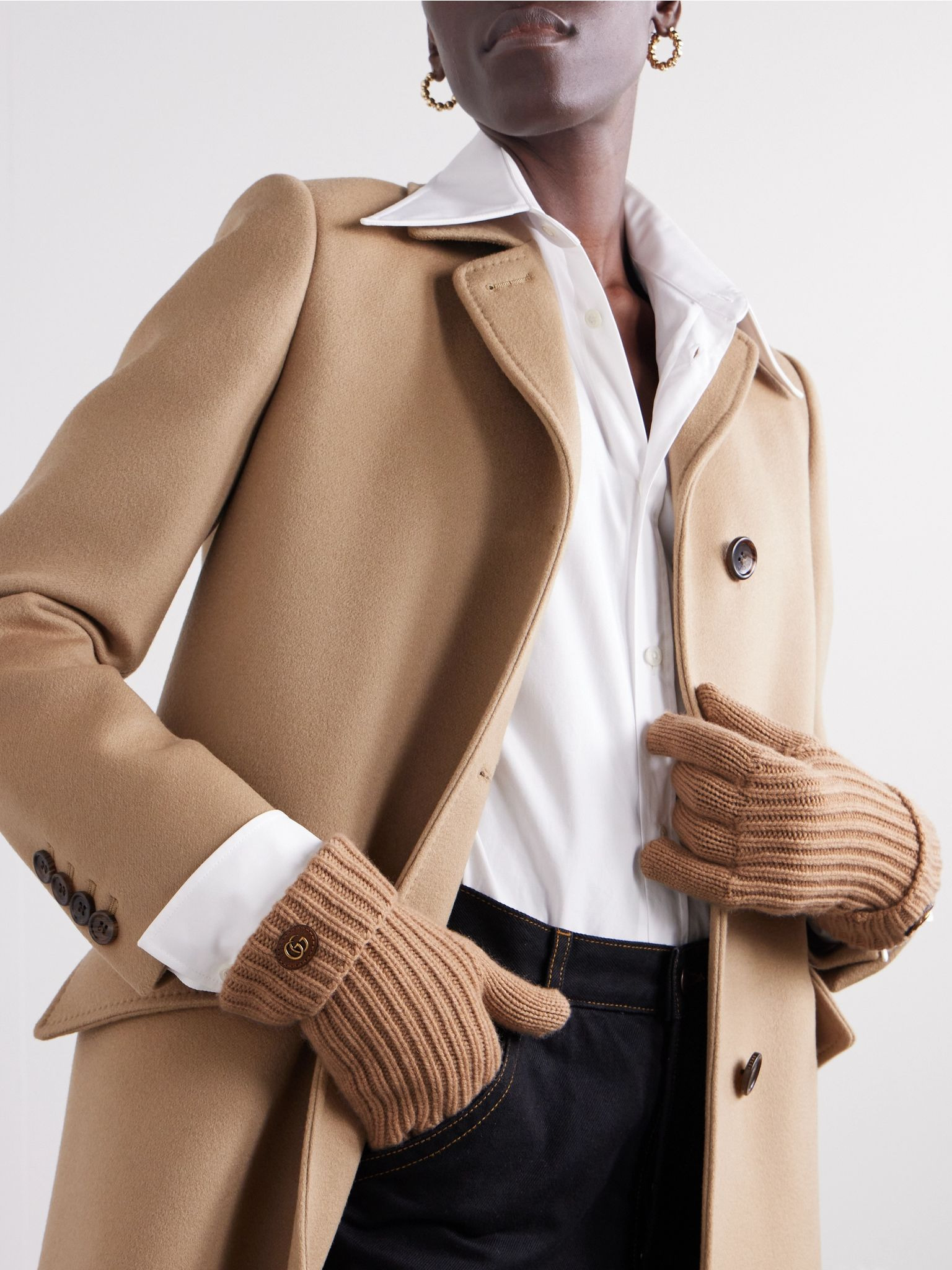 Embellished leather-trimmed wool and cashmere-blend gloves Camel - 2