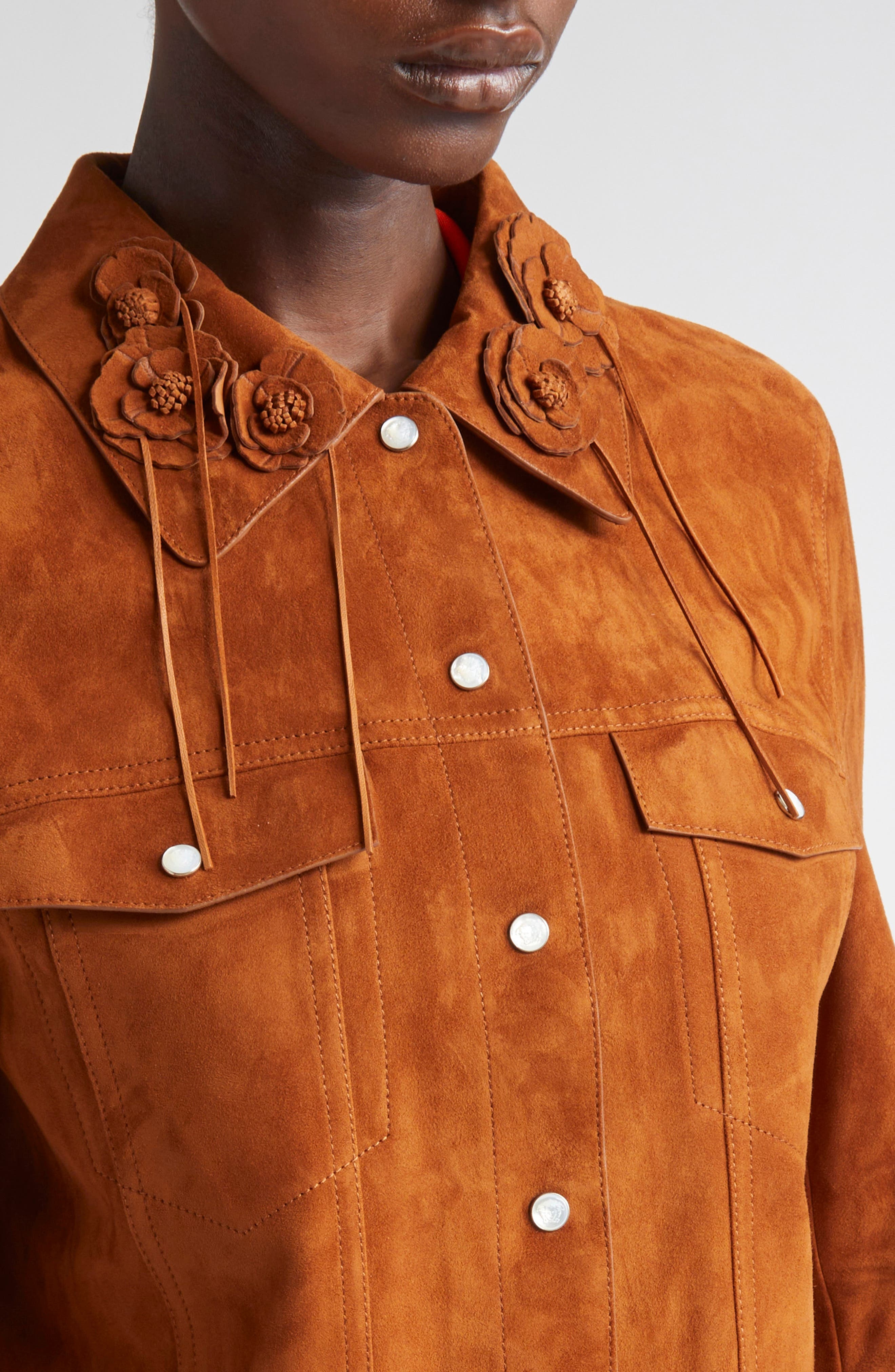 Versace Floral Appliqué Suede Jacket in Tobacco at Nordstrom - 5