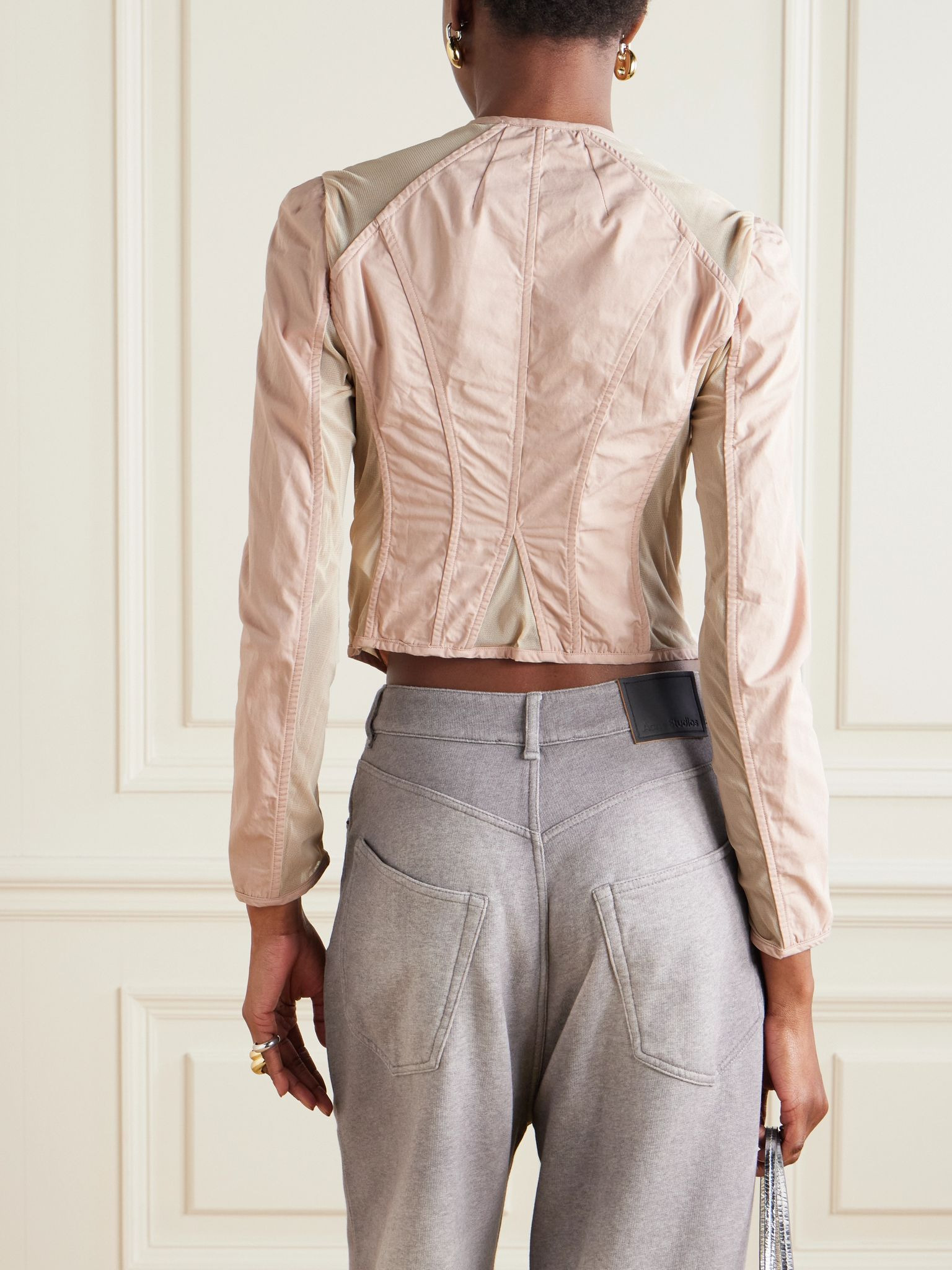 Cropped mesh-trimmed cotton-canvas jacket Pink - 3