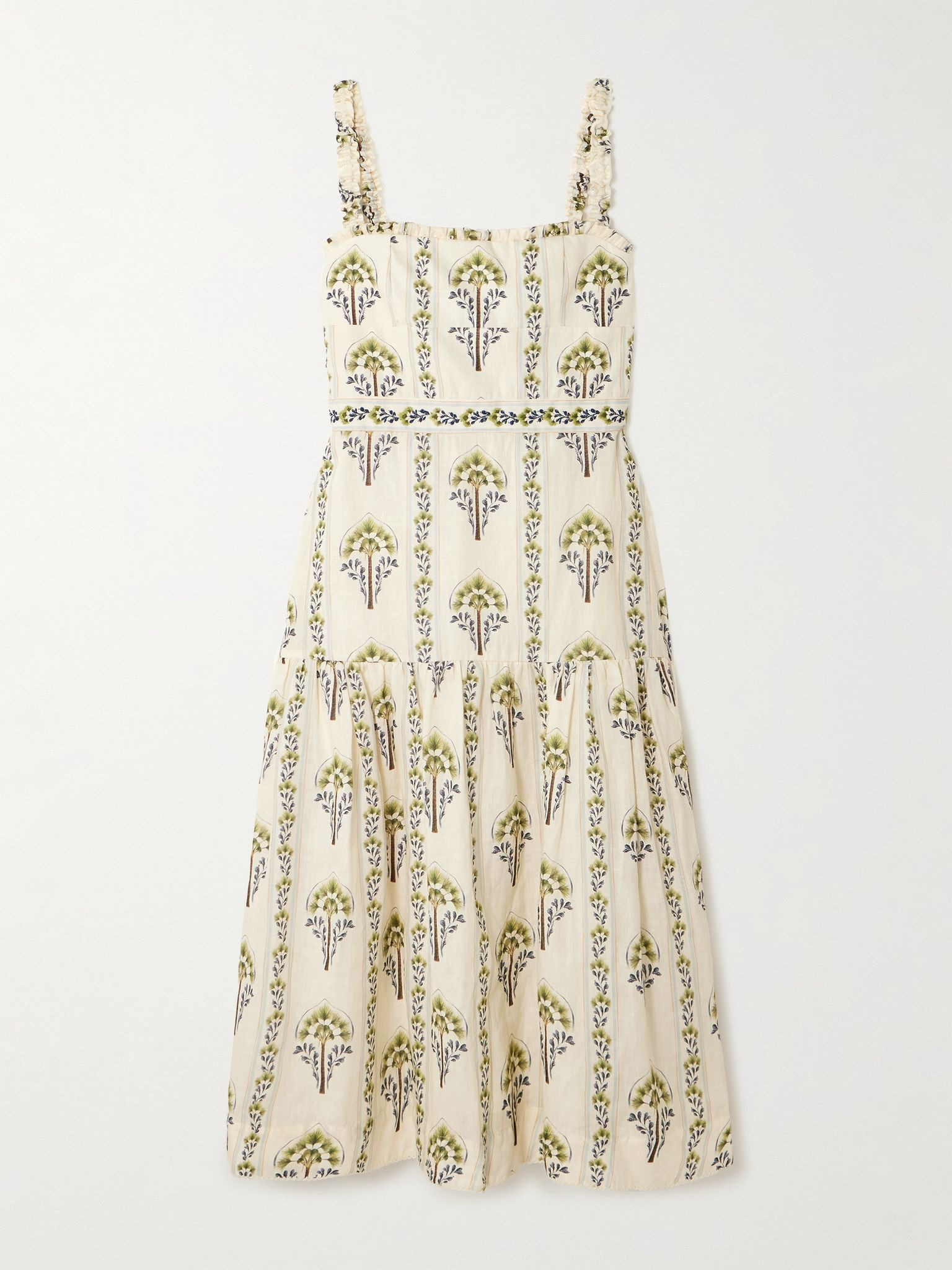 Nispero tiered embroidered printed linen midi dress Cream - 1