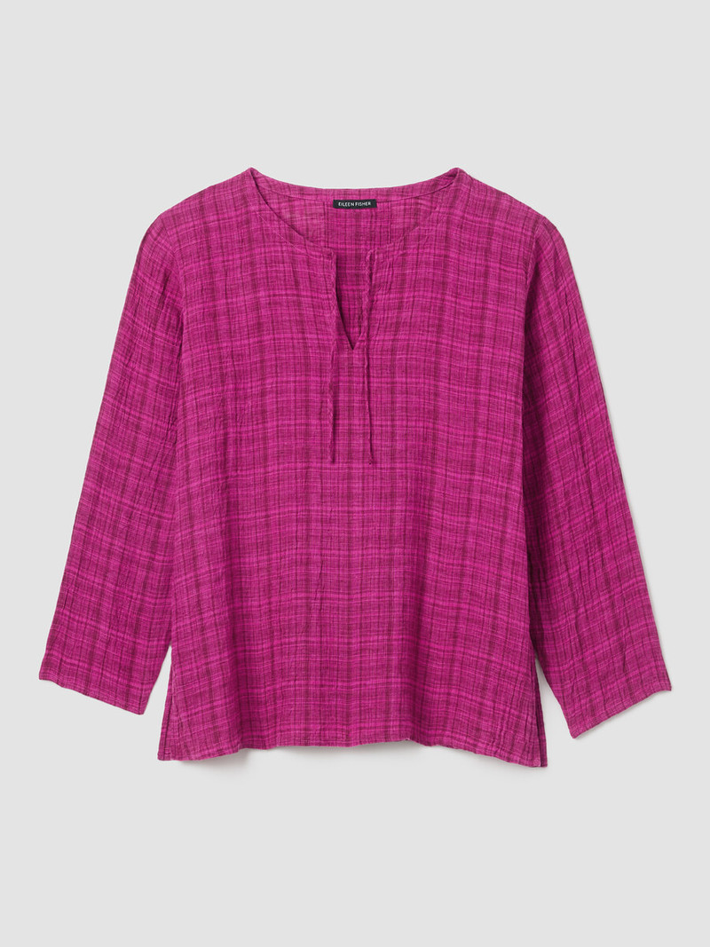Puckered Organic Linen Plaid Keyhole Top 1