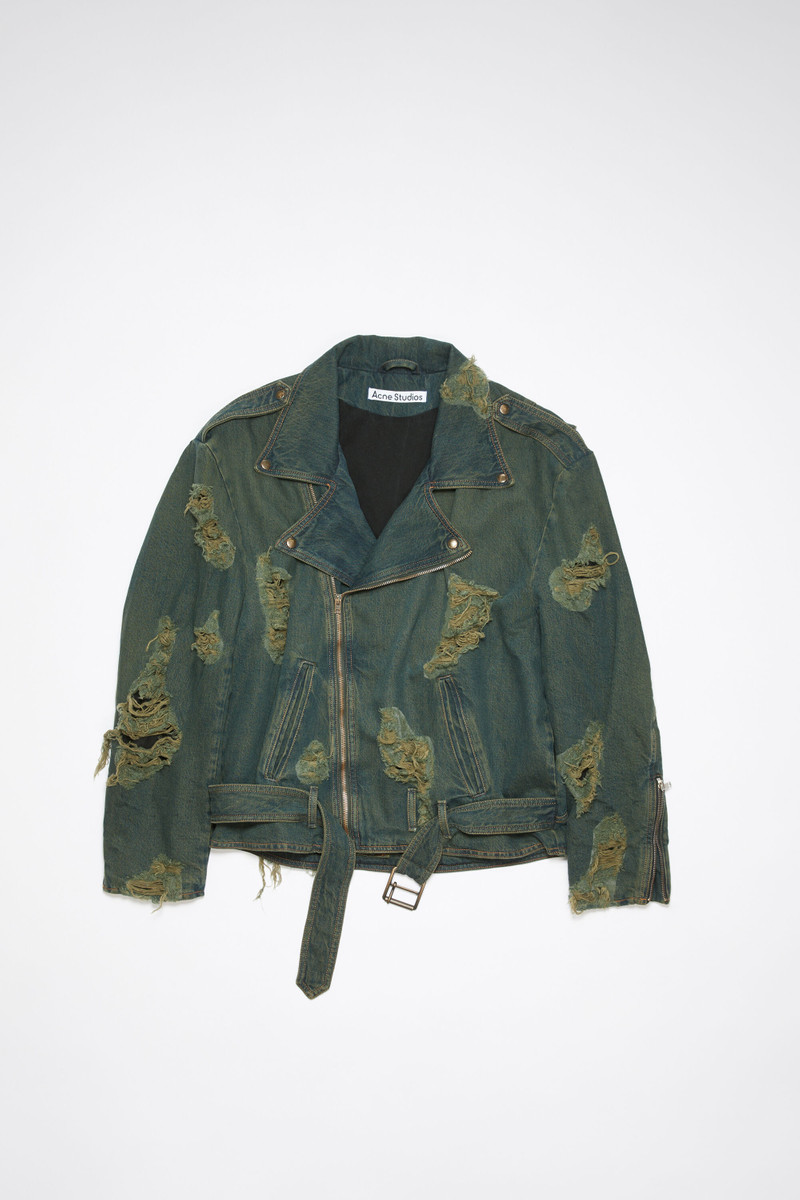 Distressed denim biker jacket - Blue/green - 1
