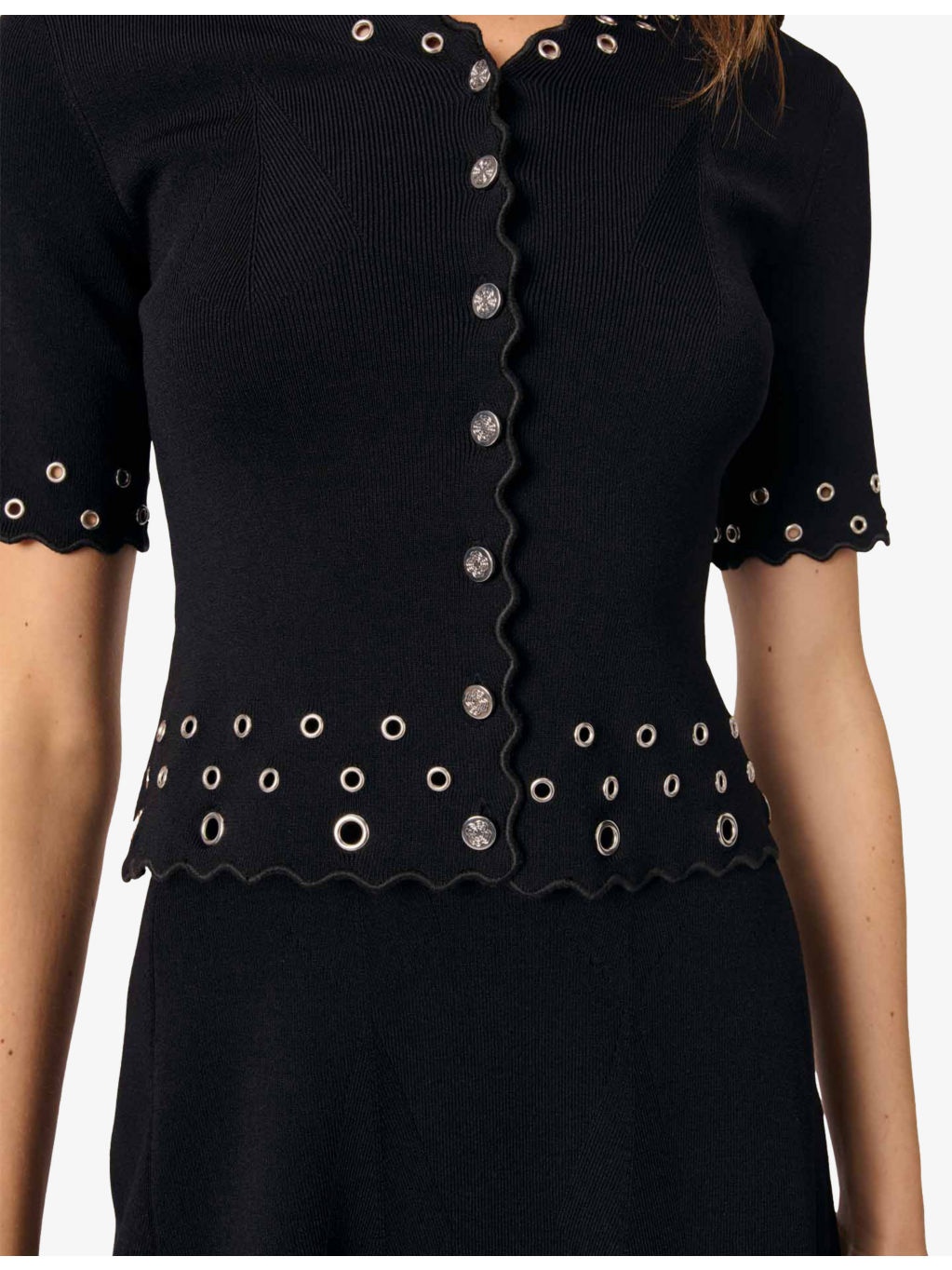 Short-Sleeved Eyelet-Embellished Knitted Top - 5