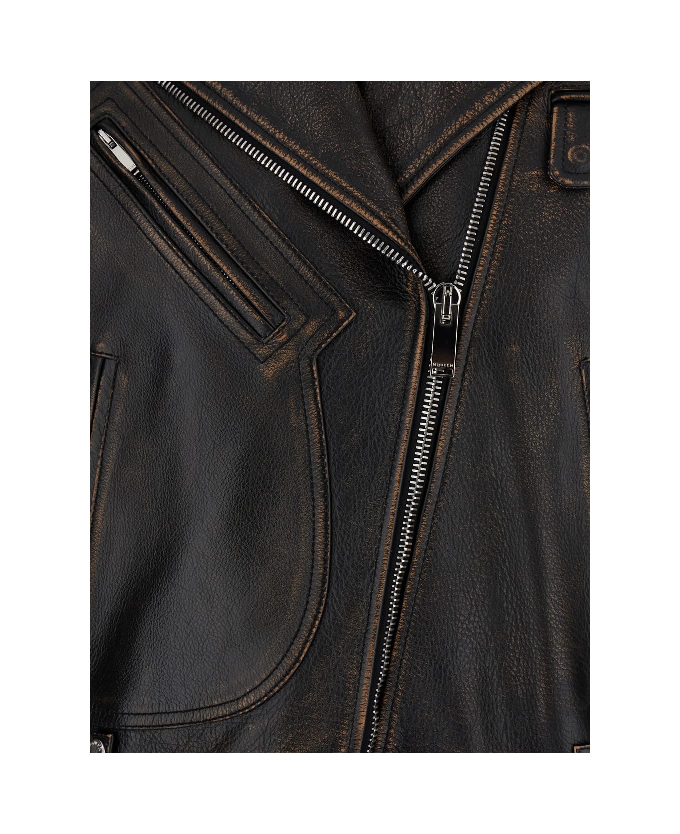 Antiqued Brown Biker Jacket With Wide Classic Lapels And Decentralized Zip Closure In Leather Woman - 3