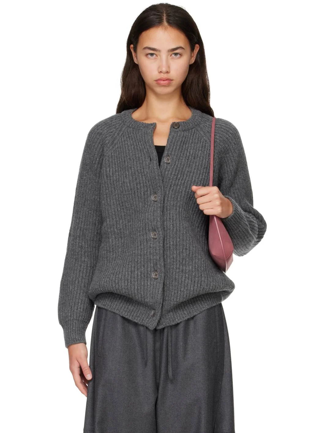 Gray Rowan Rib Crewneck Cardigan - 1