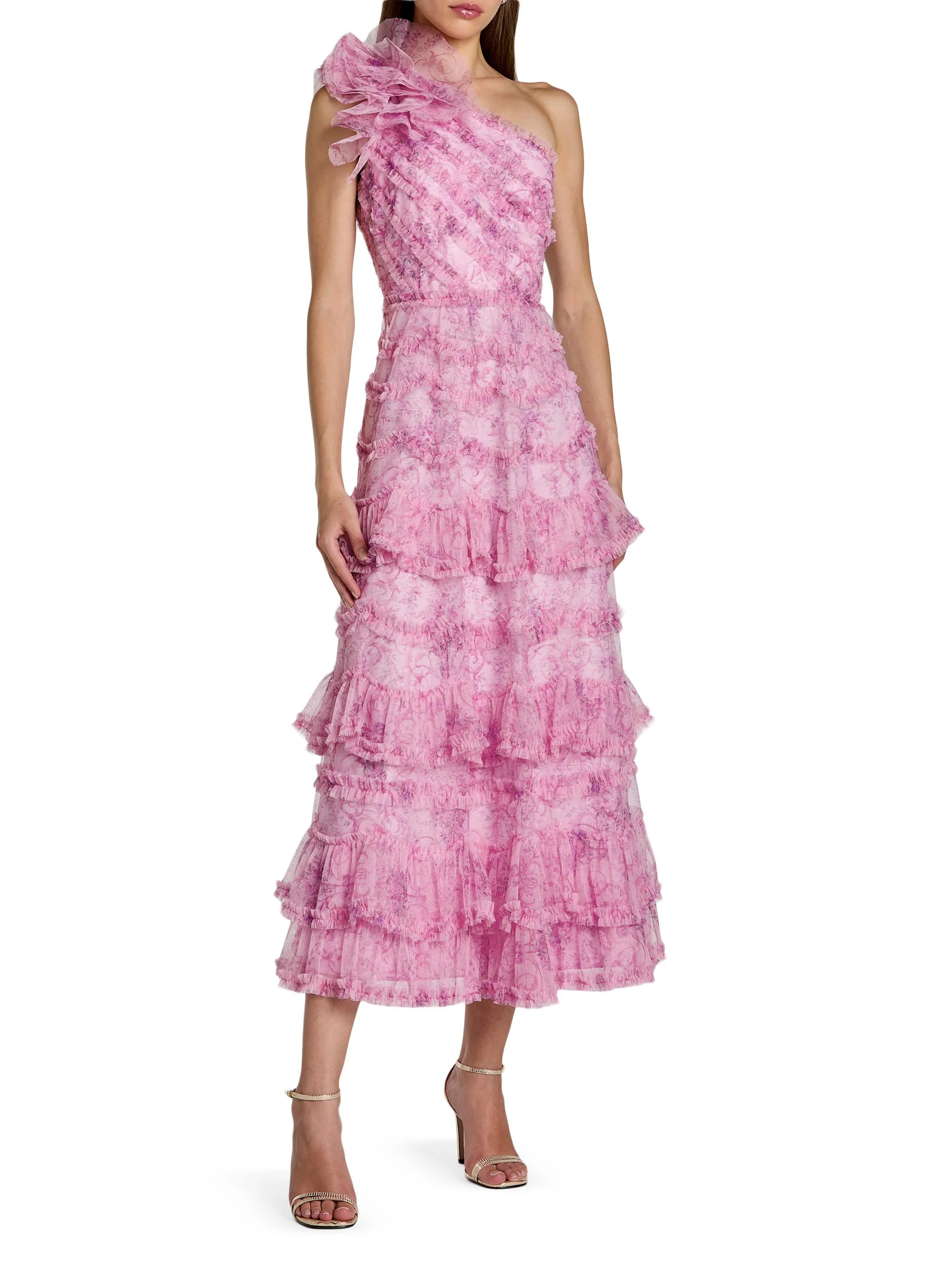 Women's Baroque Mesh Ruffled One-Shoulder Midi-Dress - Pastel Multi - 1