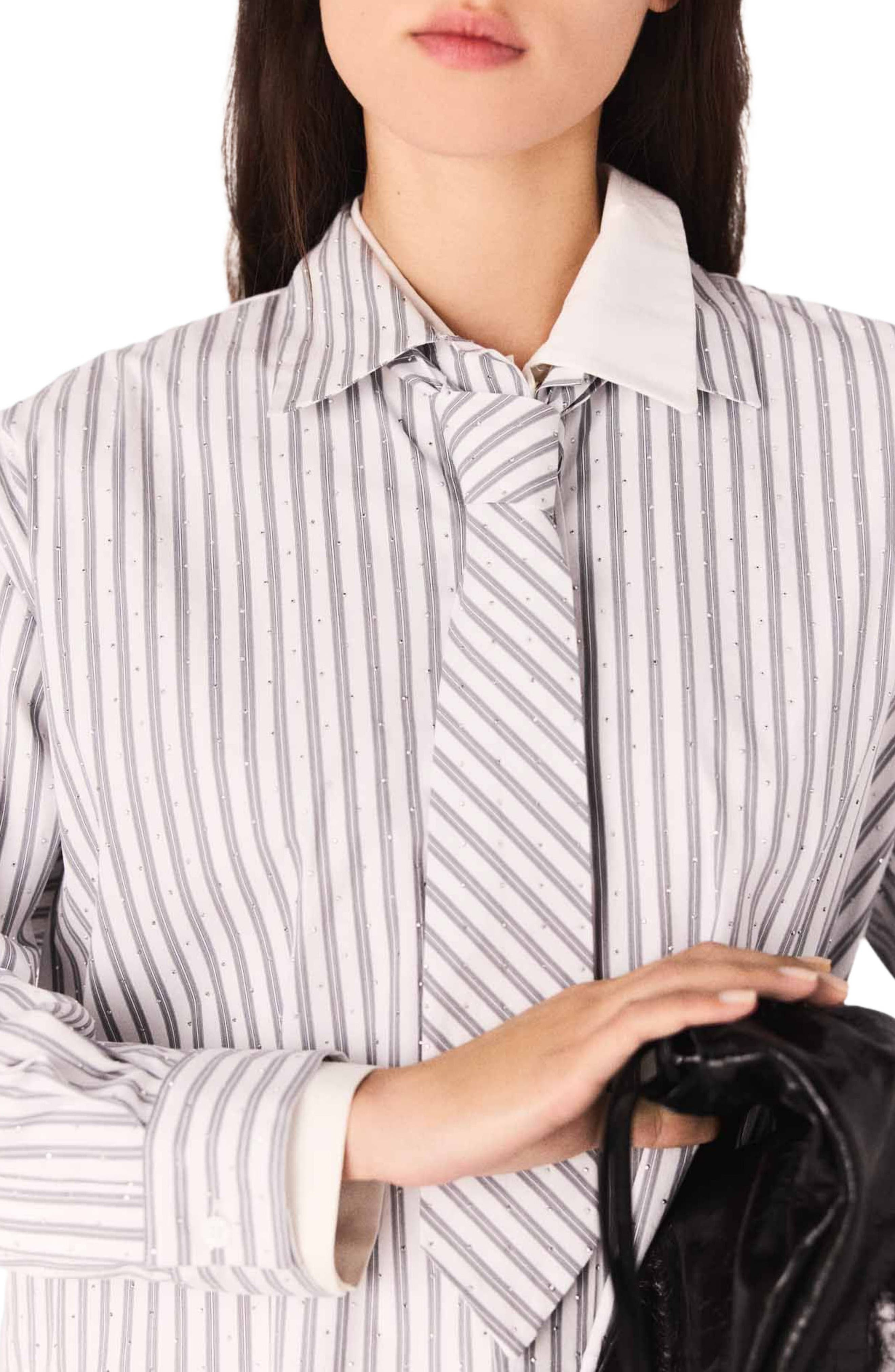 maje Striped rhinestone shirt with tie in Ecru Stripes at Nordstrom - 6