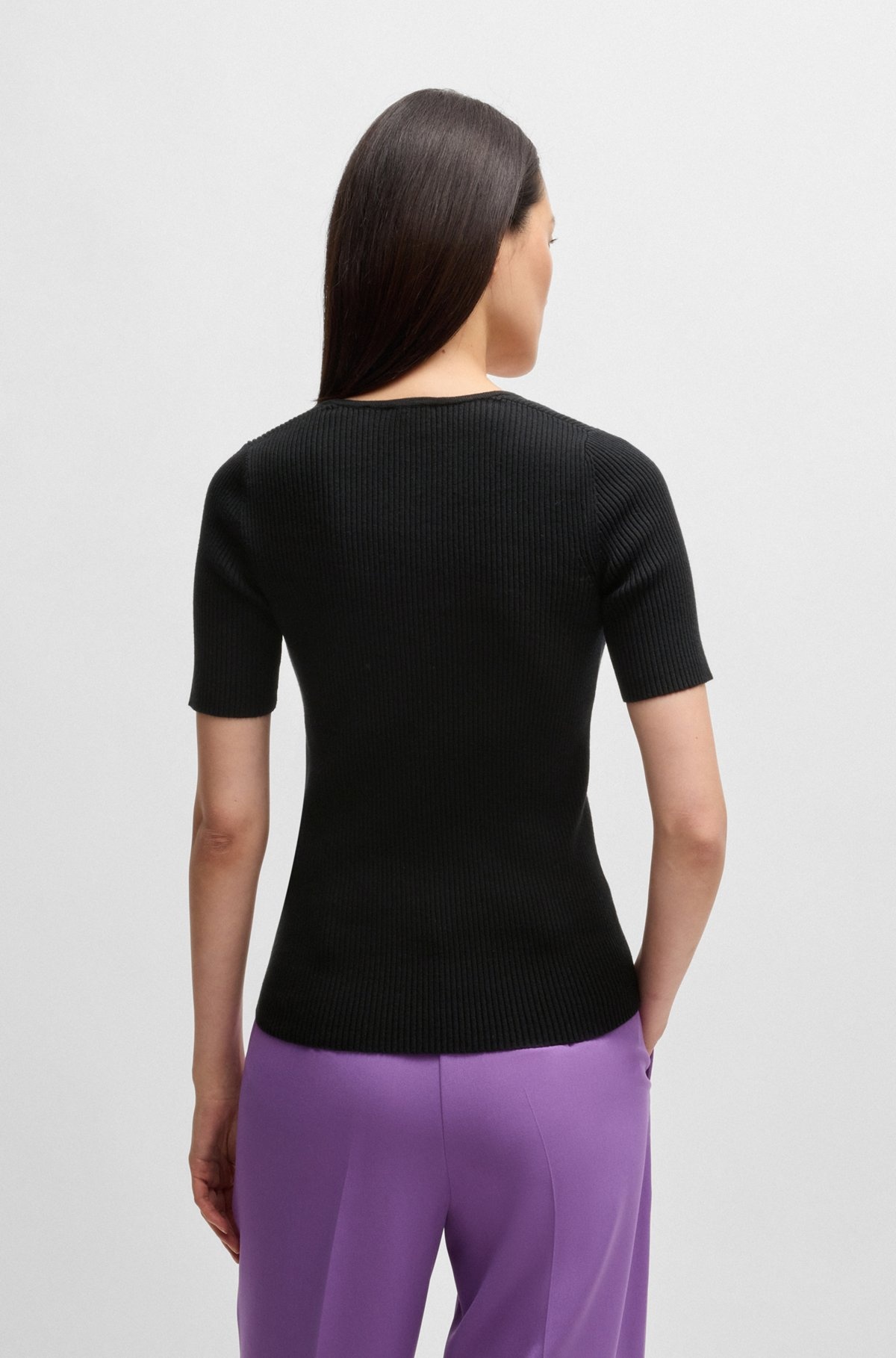 SQUARE-NECK SHORT-SLEEVED SWEATER IN RIBBED STRETCH FABRIC - 4
