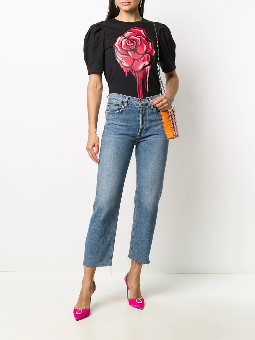 rose print puff sleeve T-shirt - 2