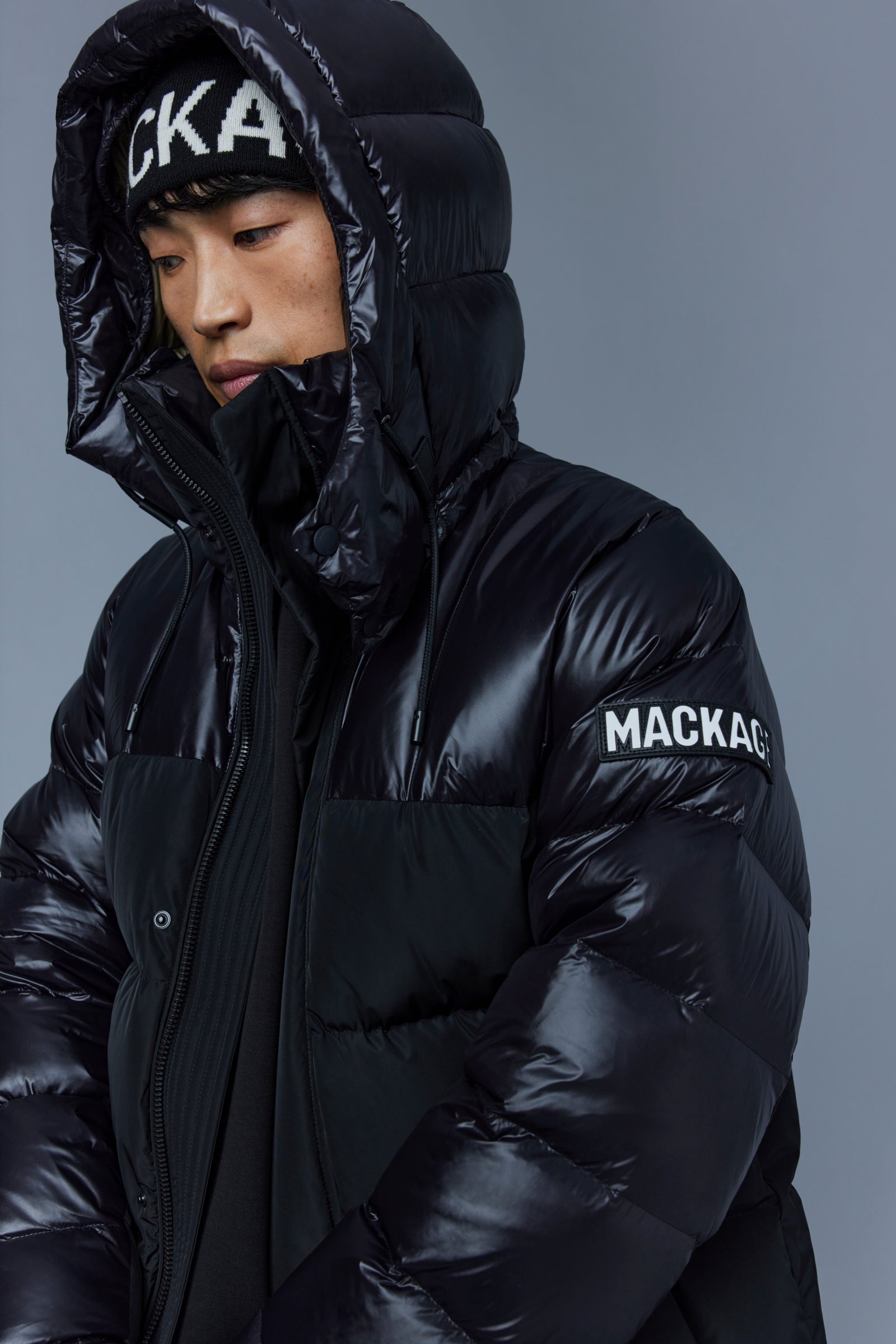 KAZUYA mixed-media down coat with hood - 5