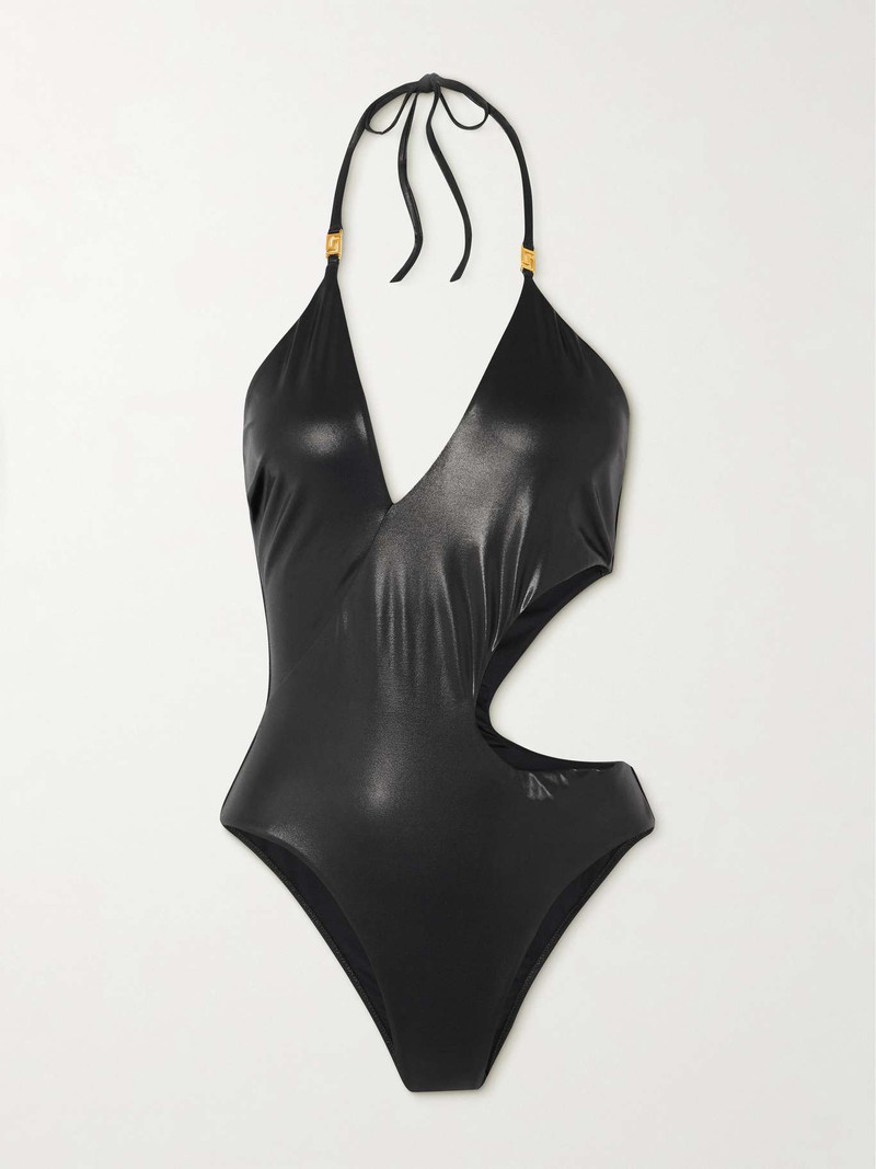 Brinata cutout embellished stretch-lamé halterneck swimsuit 1