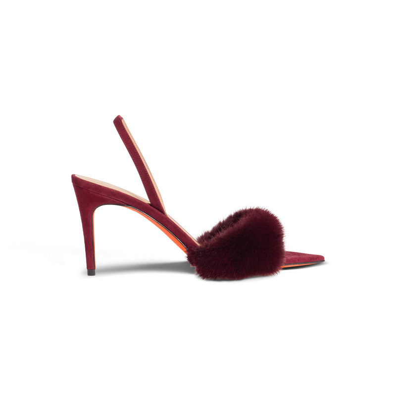 Women's burgundy suede and mink high-heel sandal 1