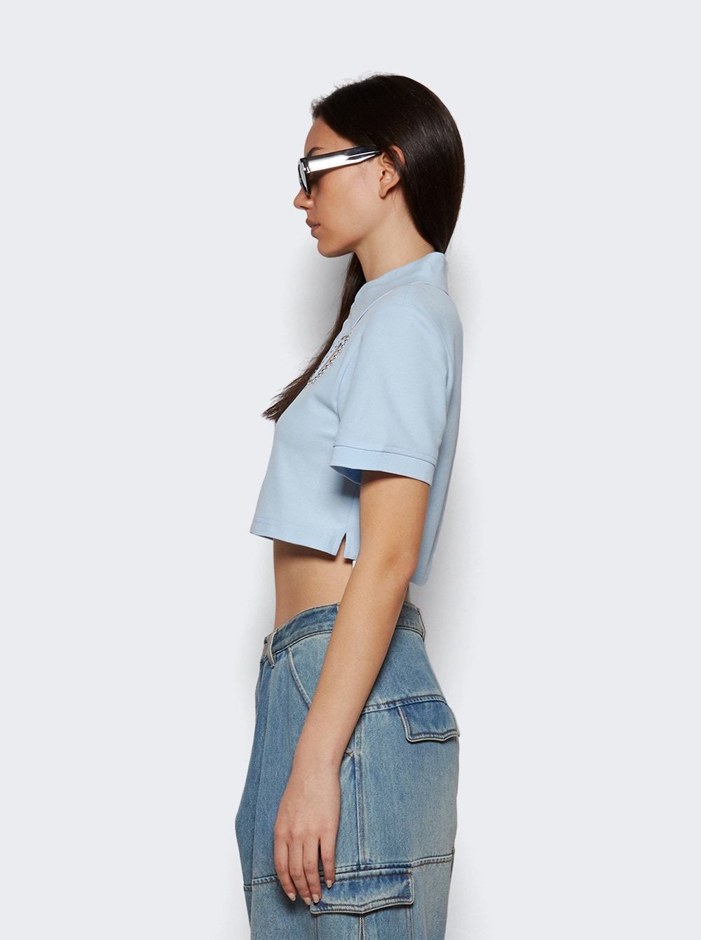 Crystal Heart Cut Out Cropped Polo Baby Blue - 3