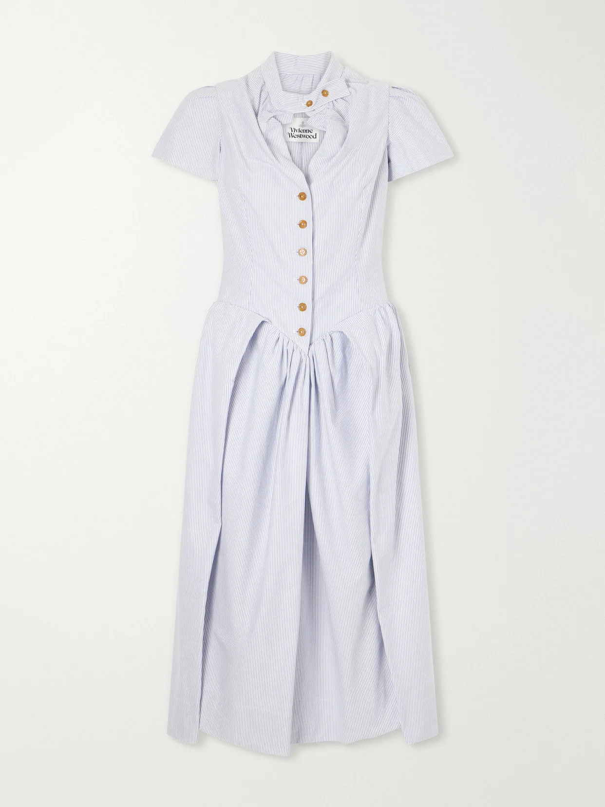 Pleated Striped Cotton Oxford Midi Dress - 1