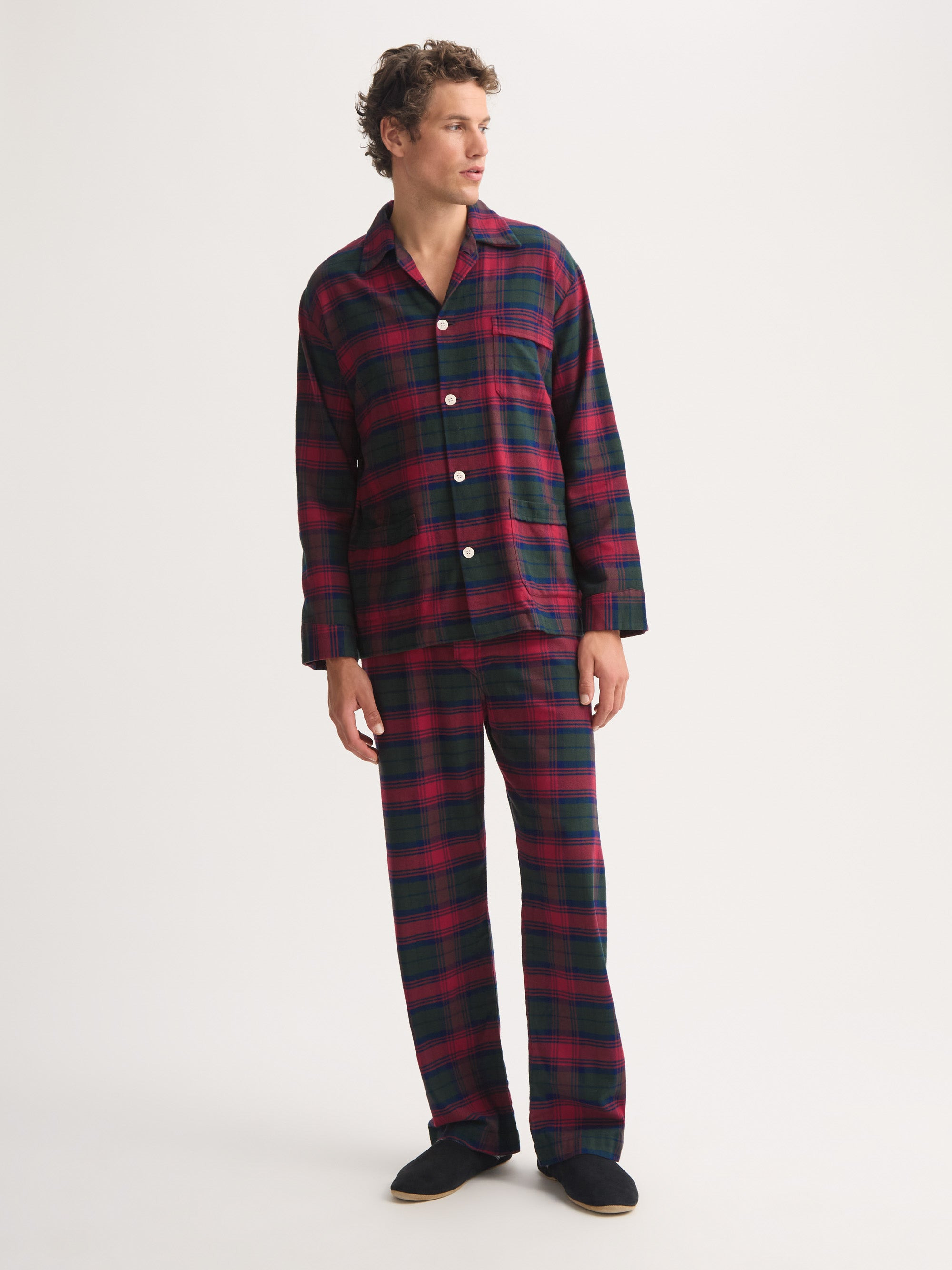 Men's Classic Fit Pajamas Kelburn Brushed Cotton Burgundy Red & Green Check - 3