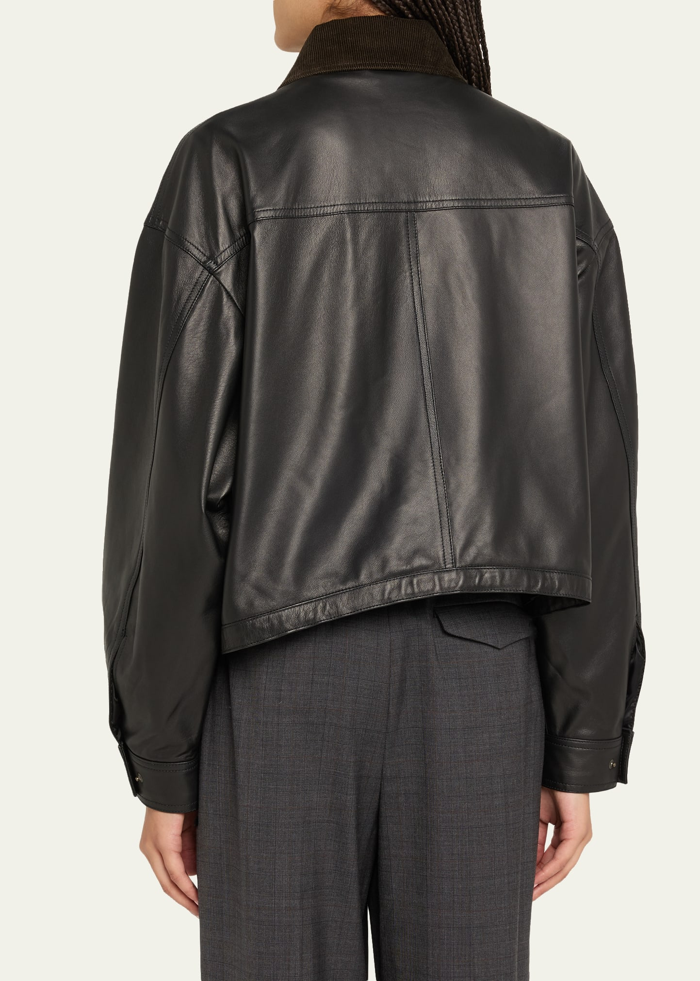 Corduroy-Collar Leather Parachute Jacket - 3